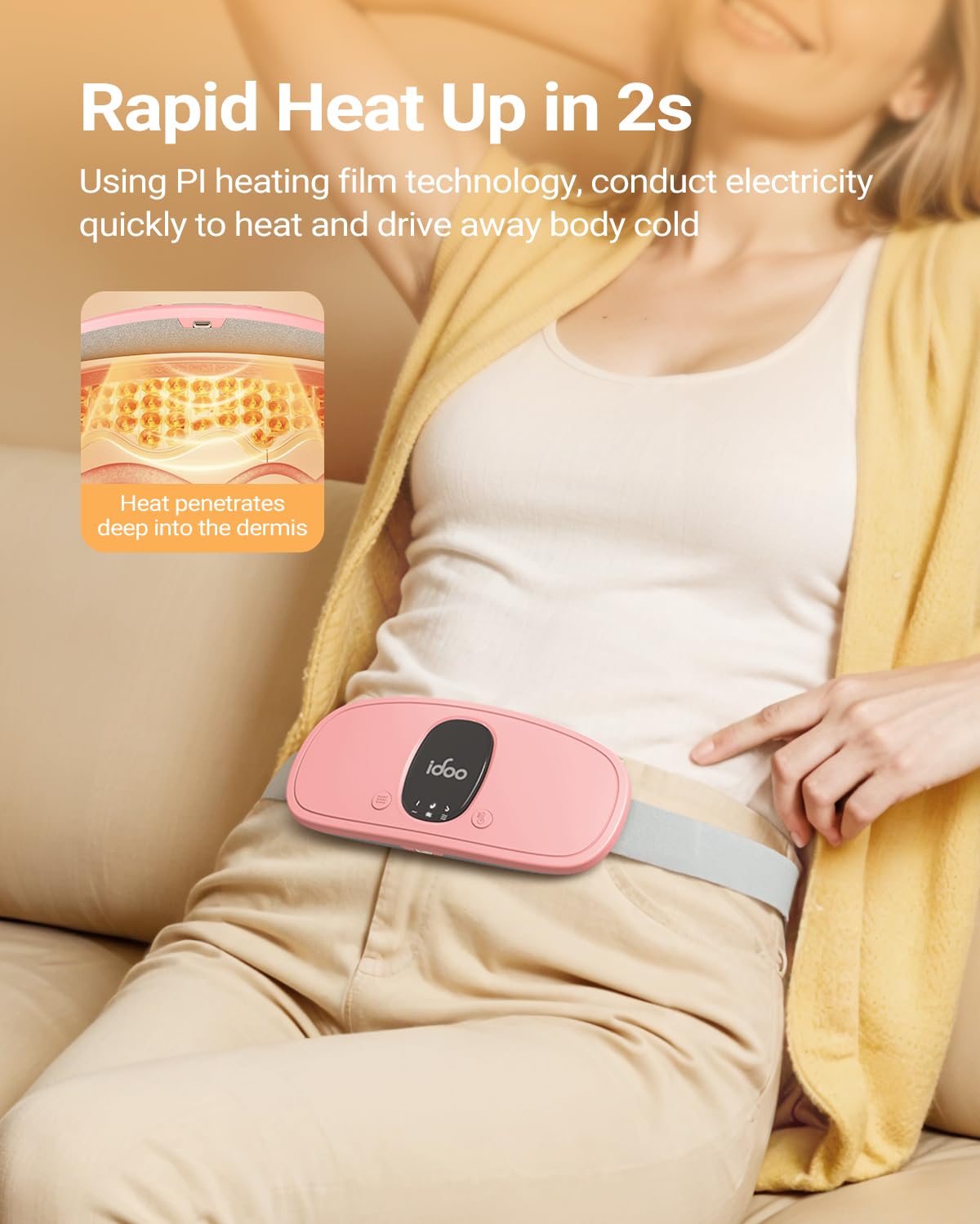 Close up of the adjustable elastic strap and premium soft fabric lining of the cordless menstrual belt