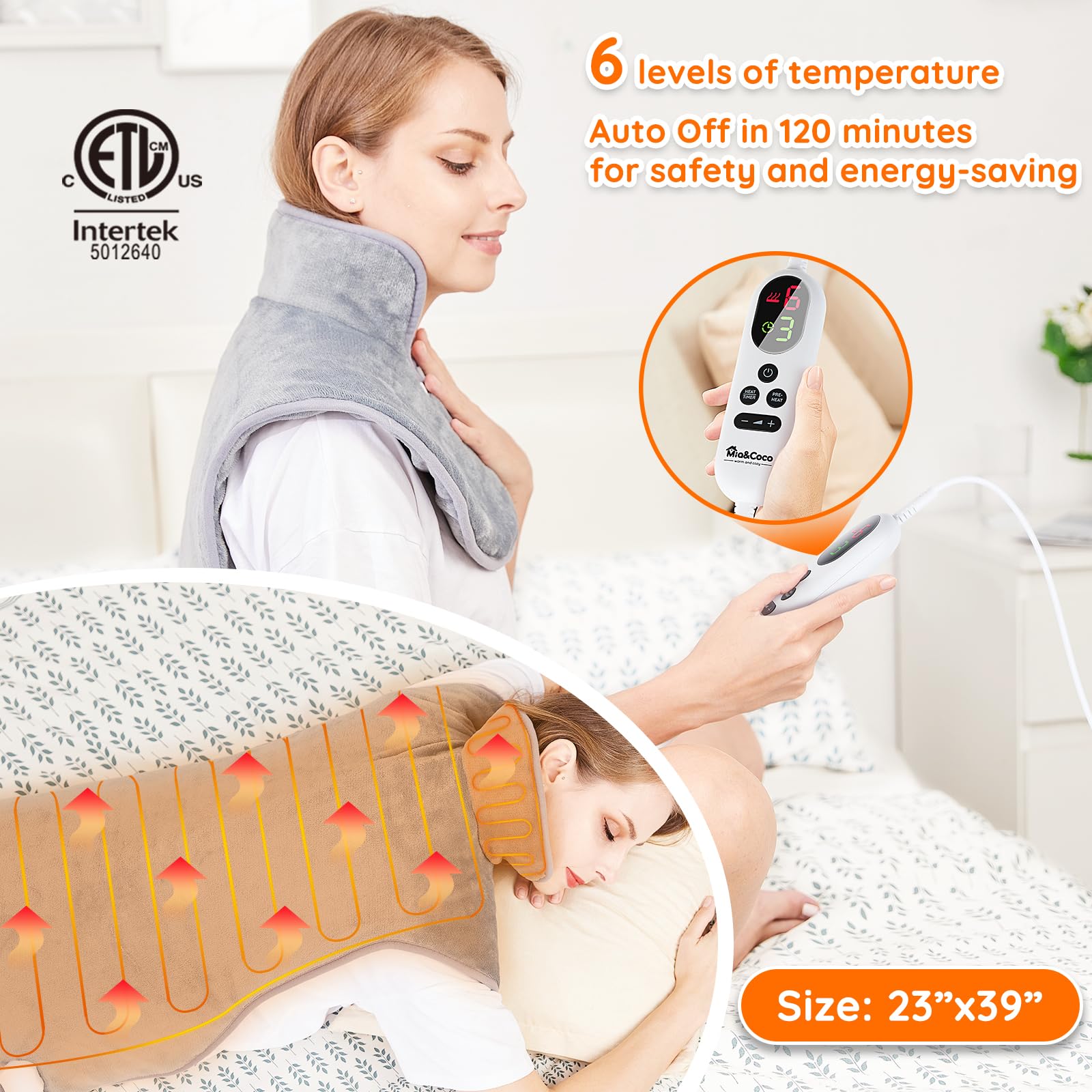 Handheld controller of the MiaAndCoco electric pad showcasing the six heat settings