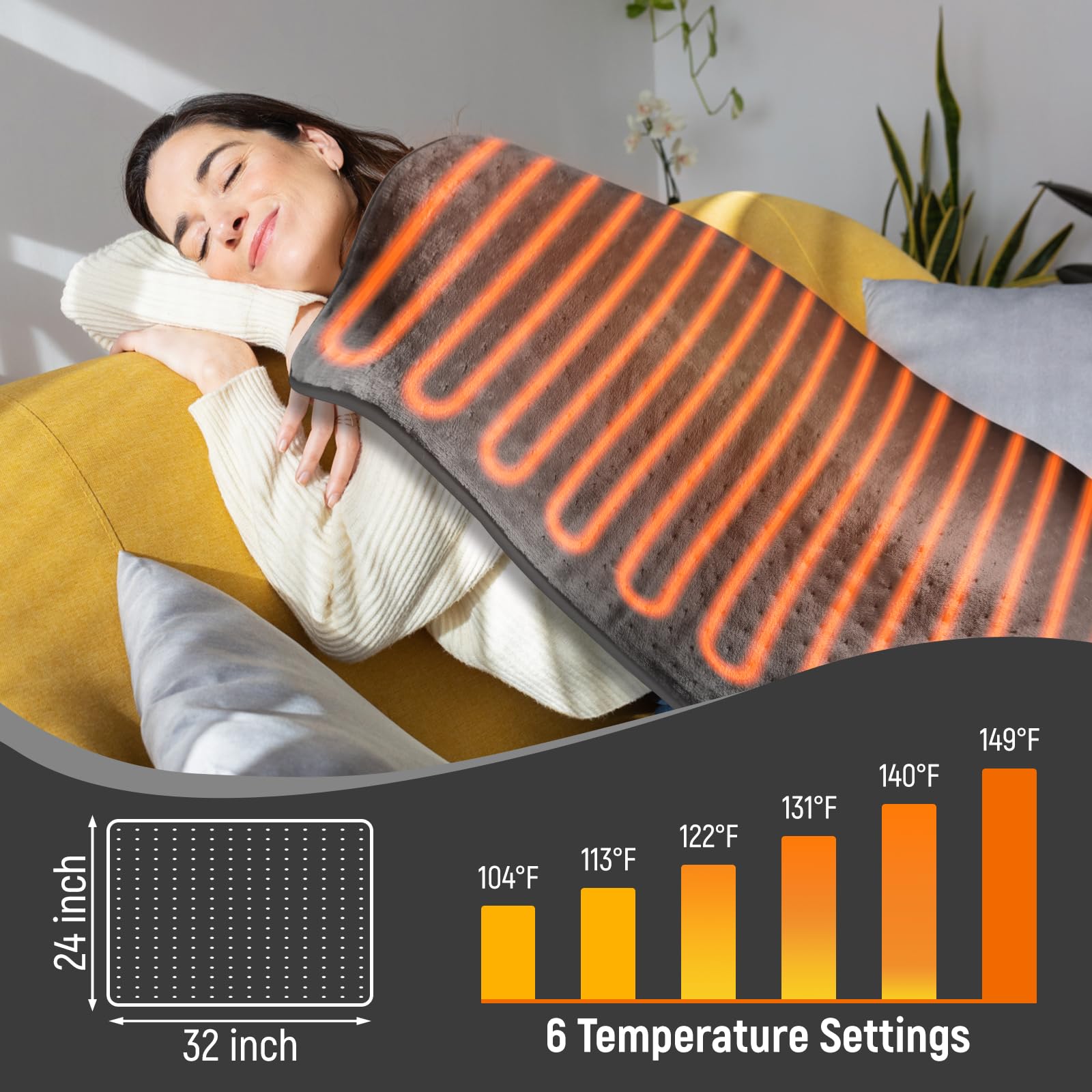 Extra large 32 by 24 inches orthopedic heating mat laid flat to demonstrate full body coverage for back pain.