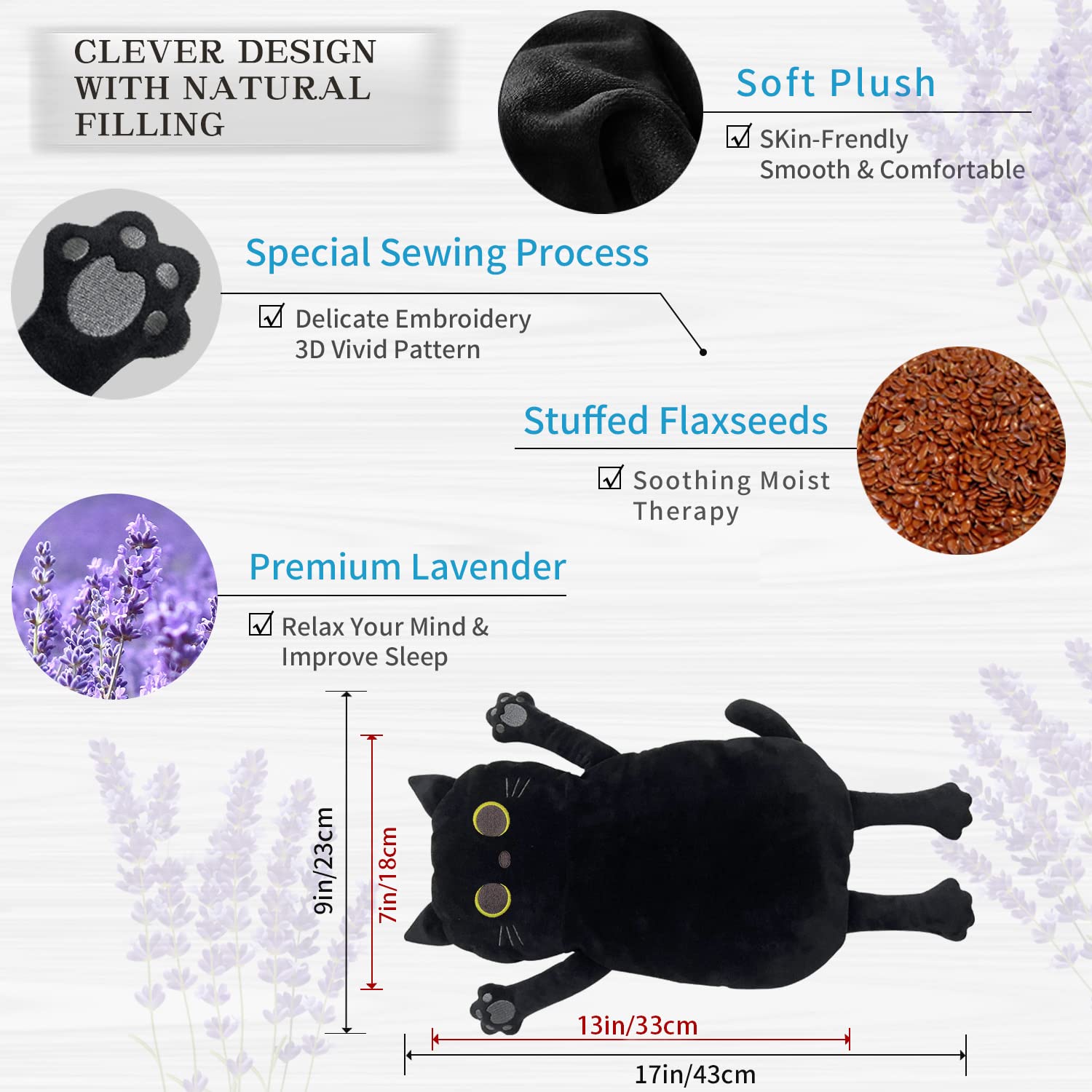 Flaxseed and lavender filled cat warming pad applied on a woman's lower back