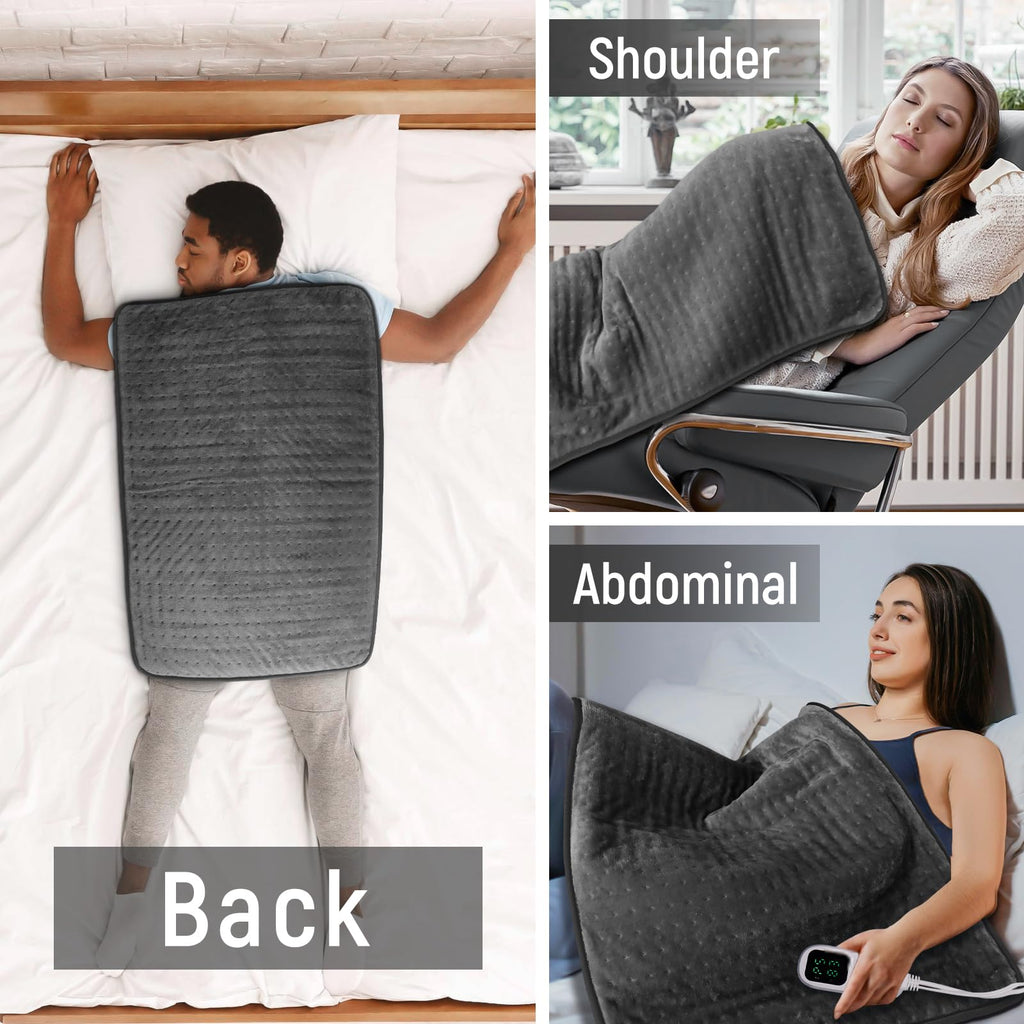 Kdti electric heating device being used on the shoulder and upper back area of a person sitting on a sofa.