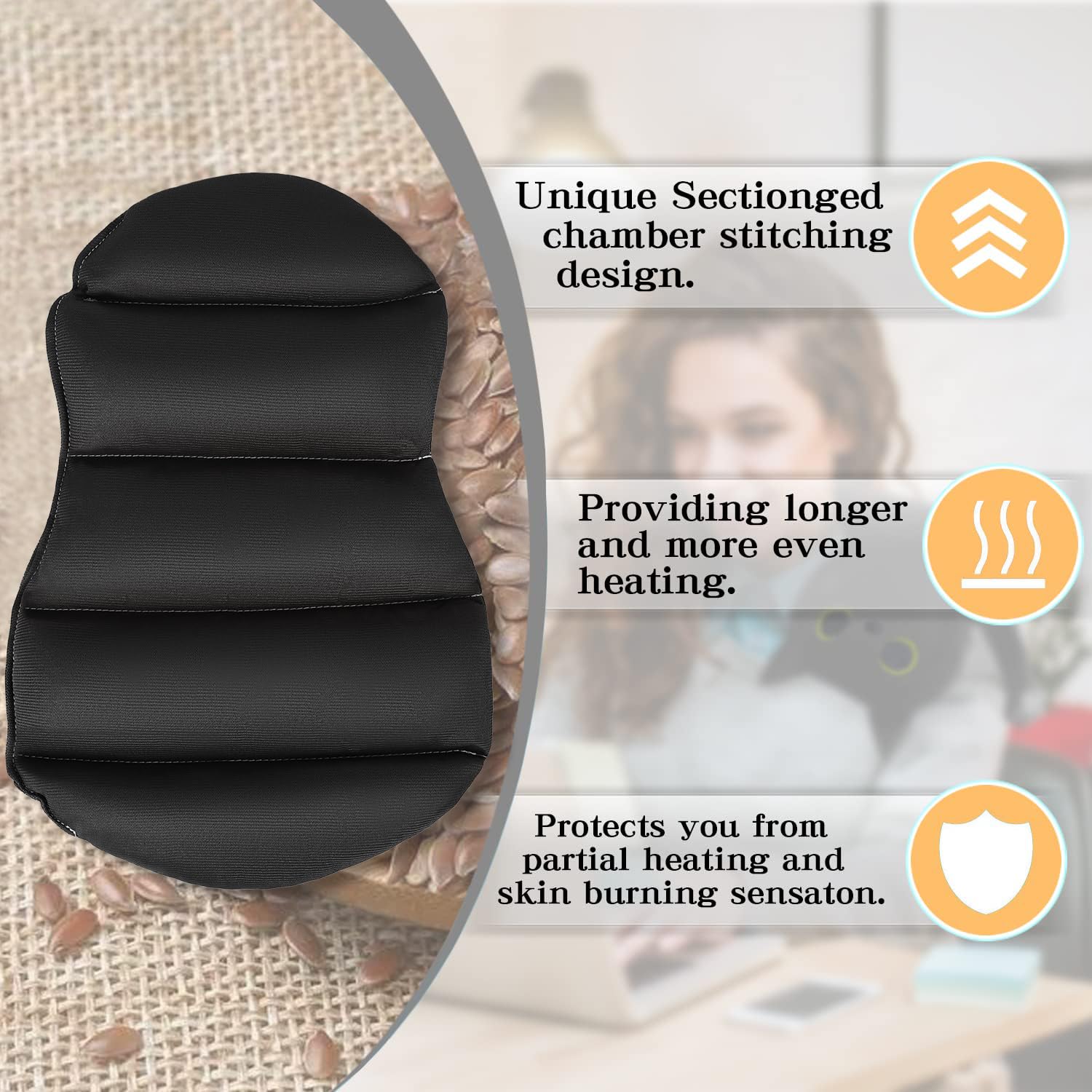 Cuckool black cat microwavable heat pack resting on aching neck and shoulders