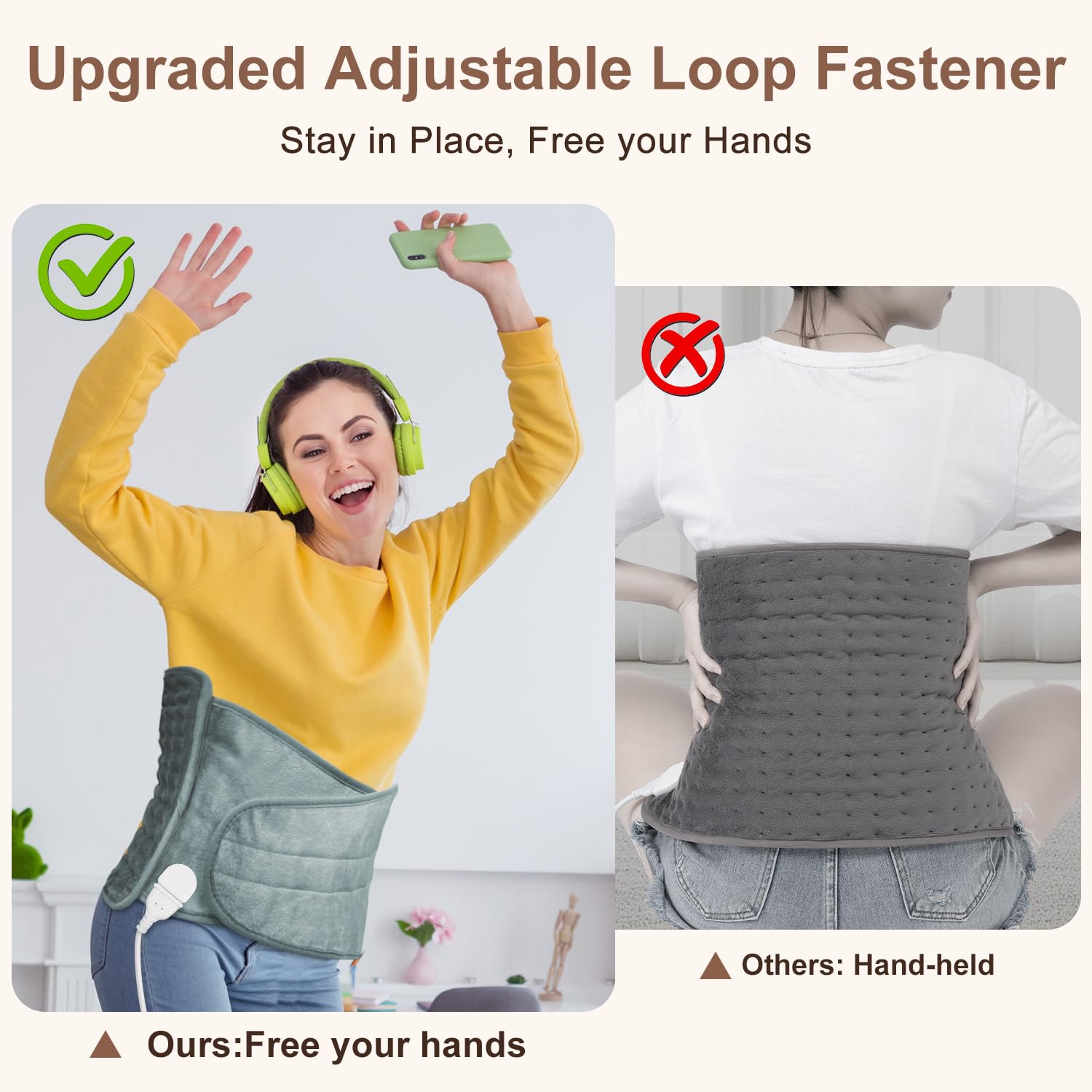 Wearable heating belt for back pain relief secured around the lower lumbar area of a user.