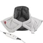 Sunbeam neck and shoulder heating pad highlighting the weighted edges and secure magnetic closure.