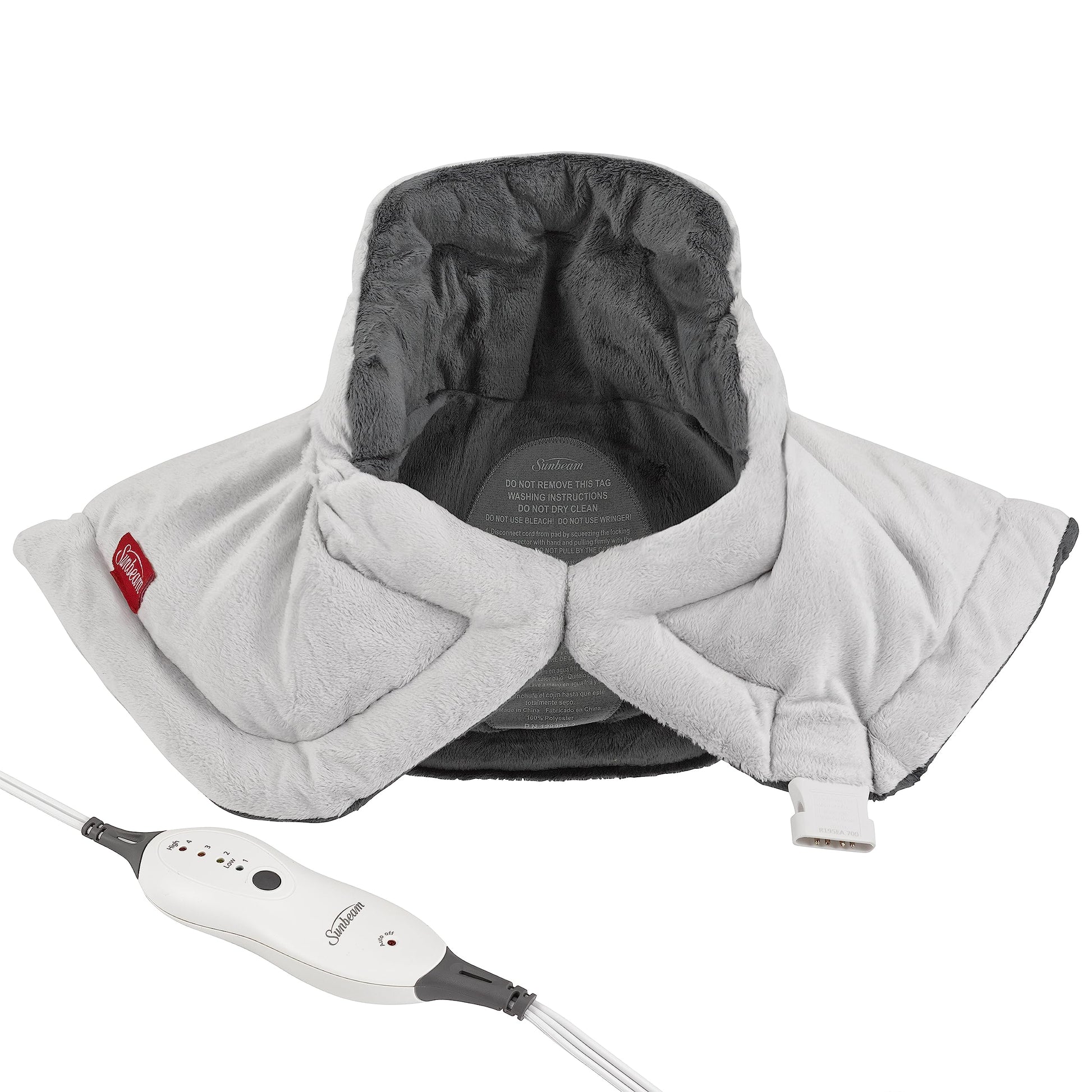 Sunbeam neck and shoulder heating pad highlighting the weighted edges and secure magnetic closure.