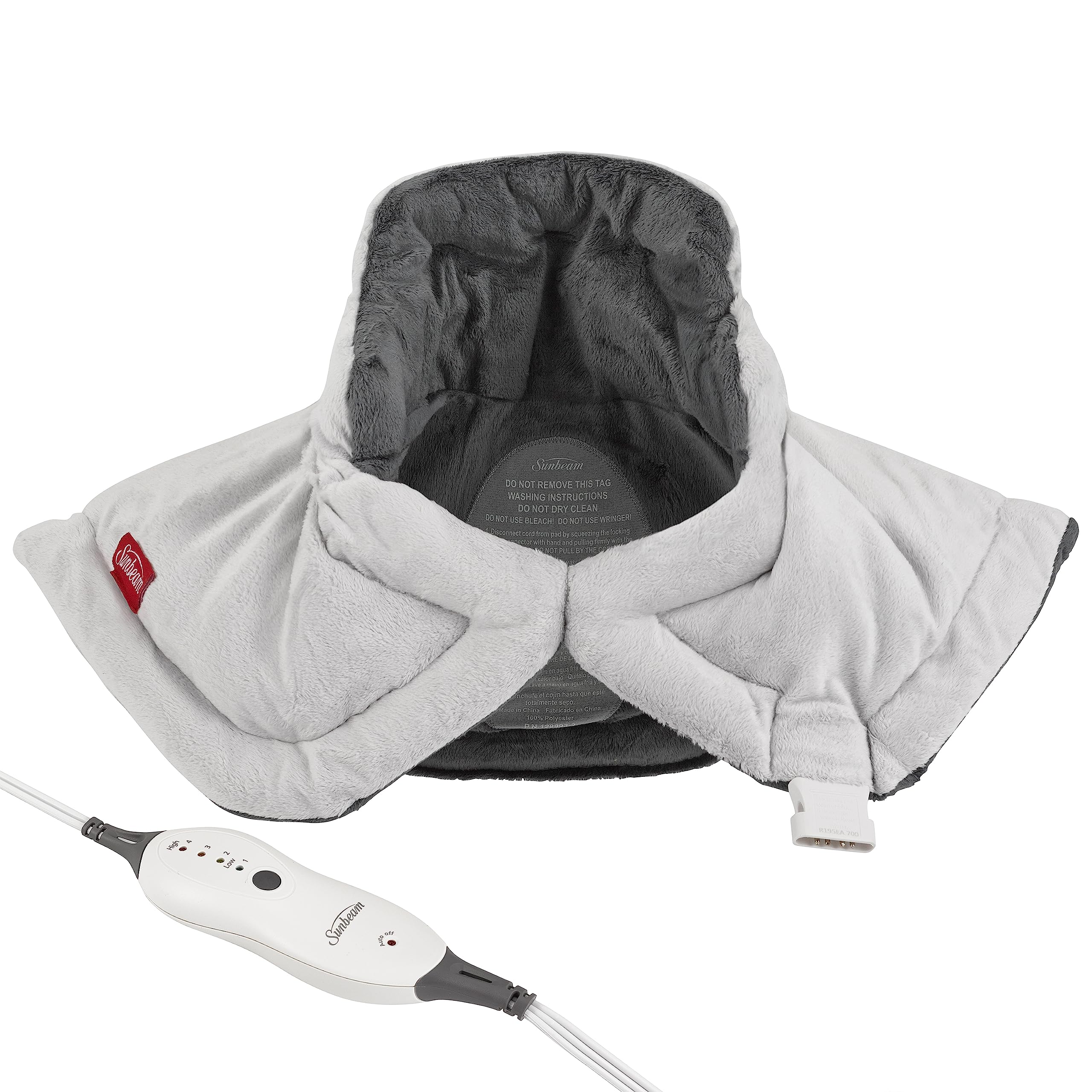 Sunbeam neck and shoulder heating pad highlighting the weighted edges and secure magnetic closure.