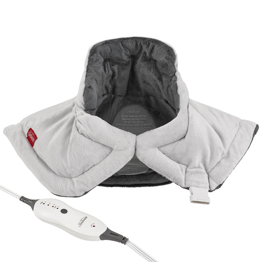 Sunbeam neck and shoulder heating pad highlighting the weighted edges and secure magnetic closure.