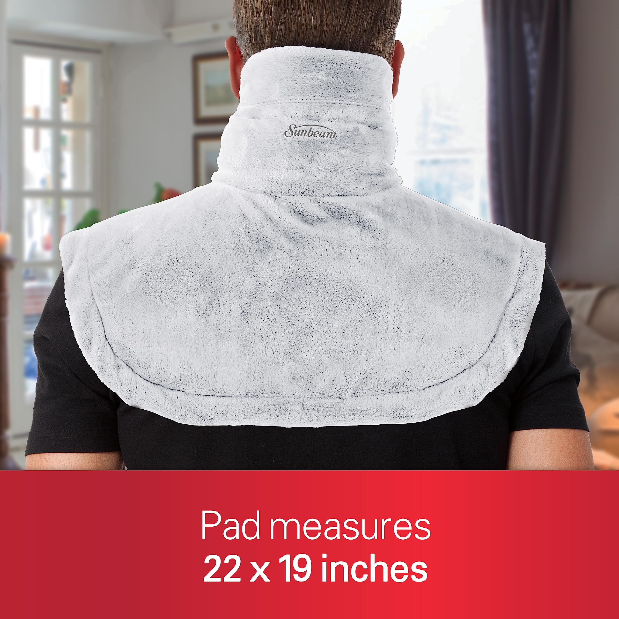 Close-up view of the plush grey machine-washable fabric on the Sunbeam contoured thermal pad.