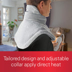 Sunbeam pain relief heating pad demonstrating the proper placement around the neck and shoulders.
