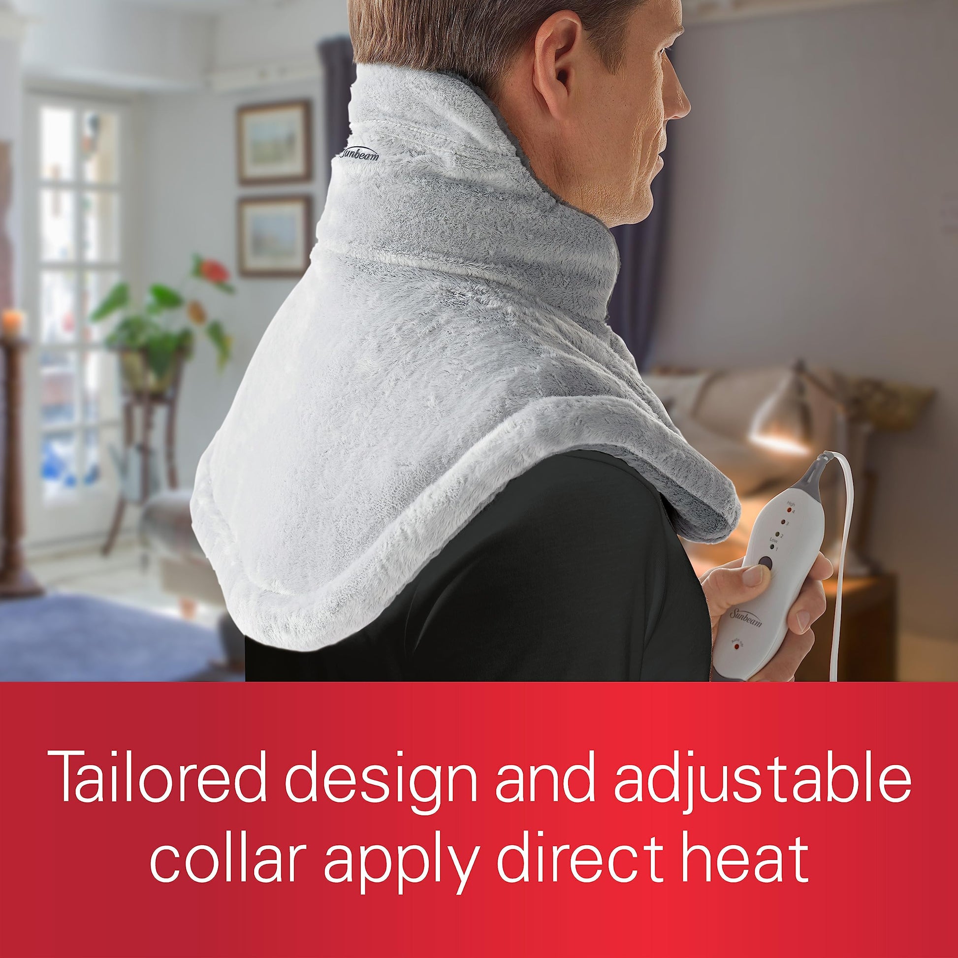 Sunbeam pain relief heating pad demonstrating the proper placement around the neck and shoulders.