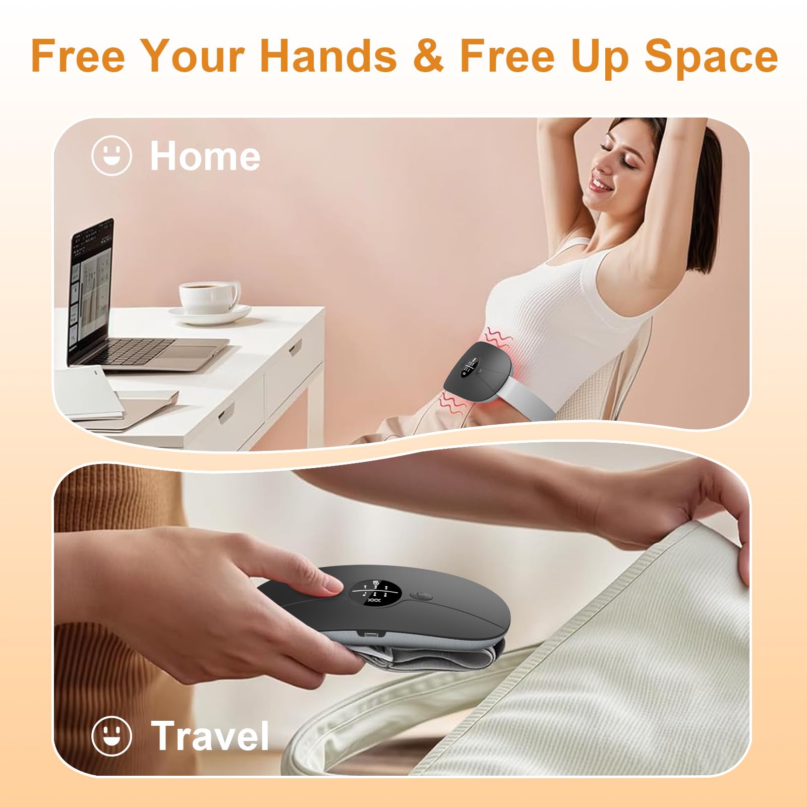 Electric cramp relief belt displaying three heat levels and massage modes