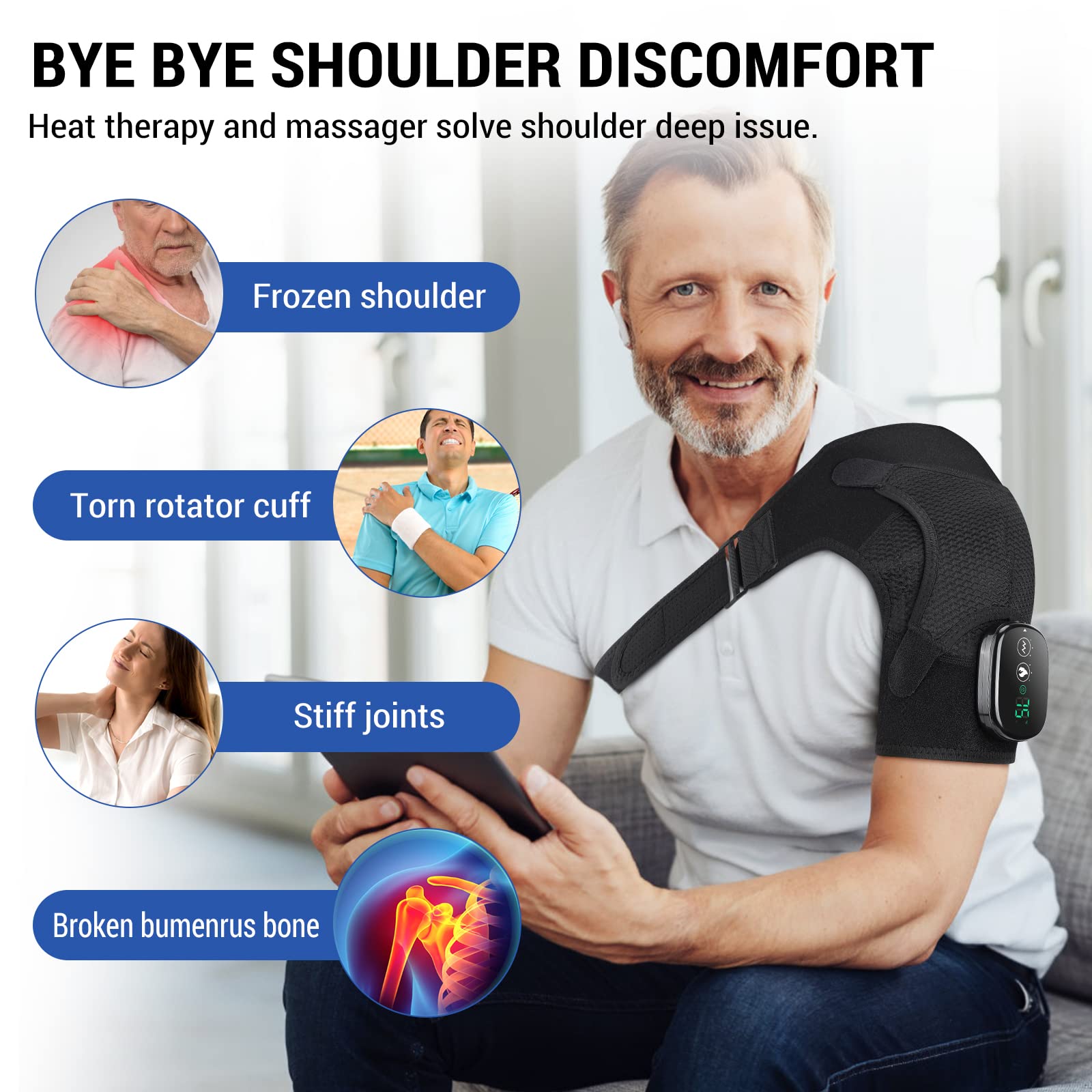 ERHIVORA shoulder heating pad worn on a woman showing adjustable chest straps