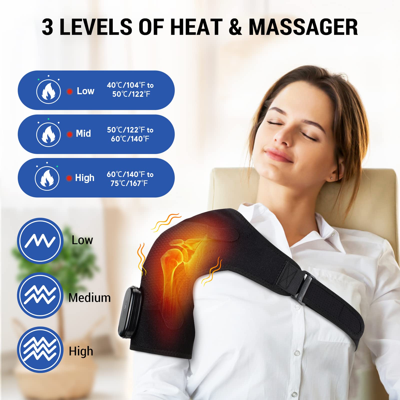 ERHIVORA portable massager wrap detailing the high medium low heat settings