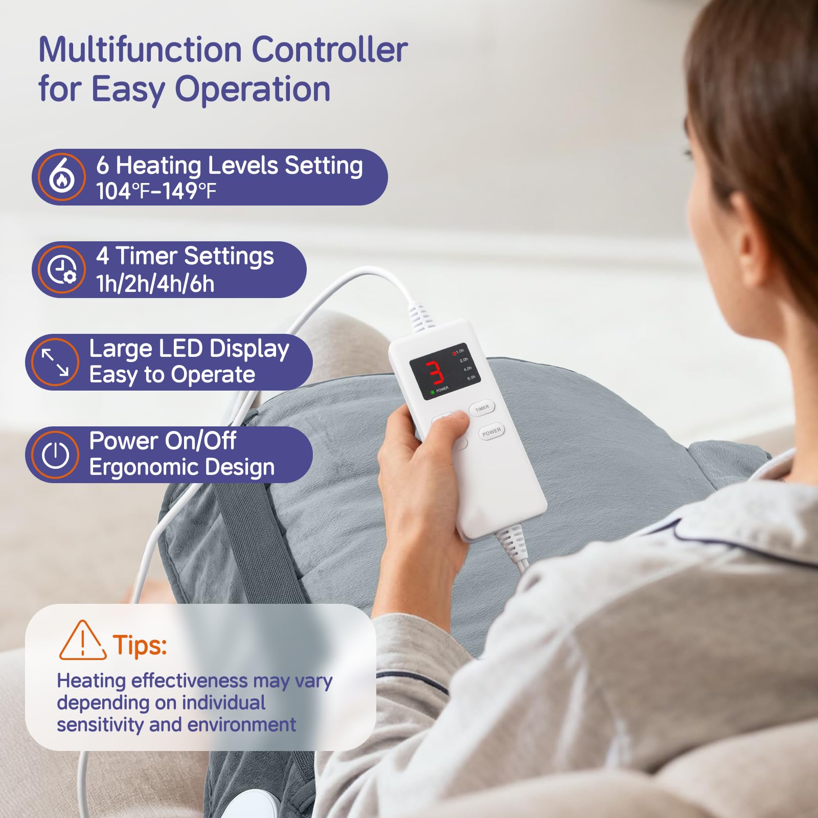 Oversized twenty-four by thirty-three inches wearable heating pad draped to show full back coverage