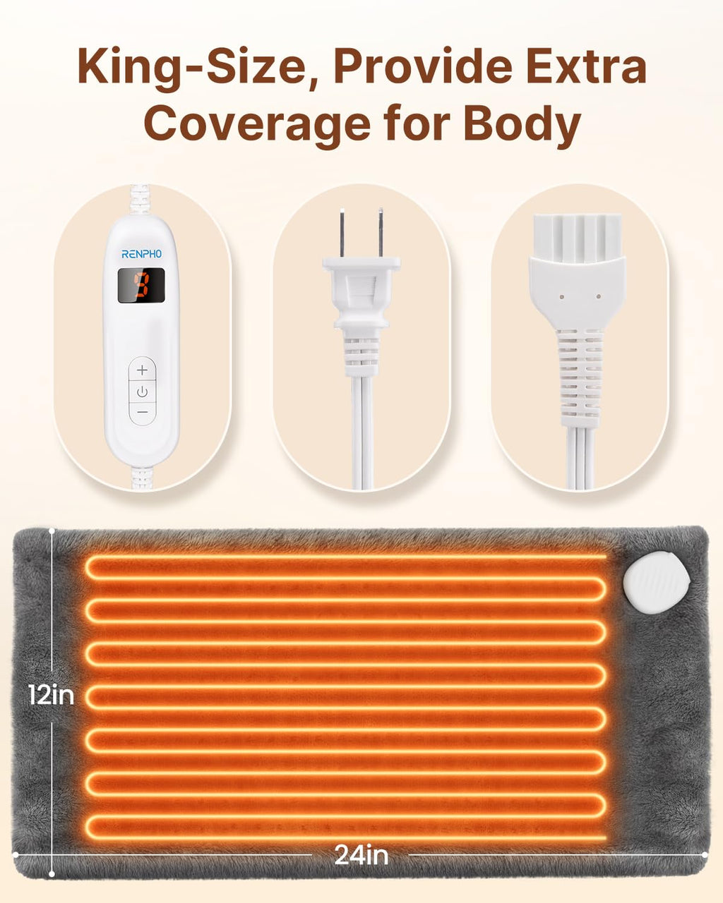 Handheld digital controller connected to the gray RENPHO thermal pad highlighting temperature levels