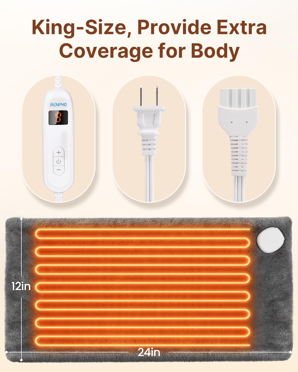 Handheld digital controller connected to the gray RENPHO thermal pad highlighting temperature levels