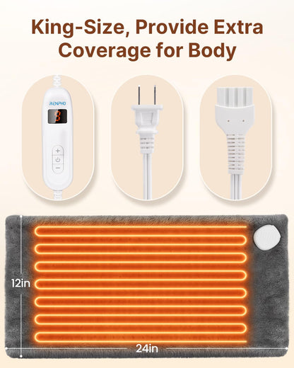 Handheld digital controller connected to the gray RENPHO thermal pad highlighting temperature levels