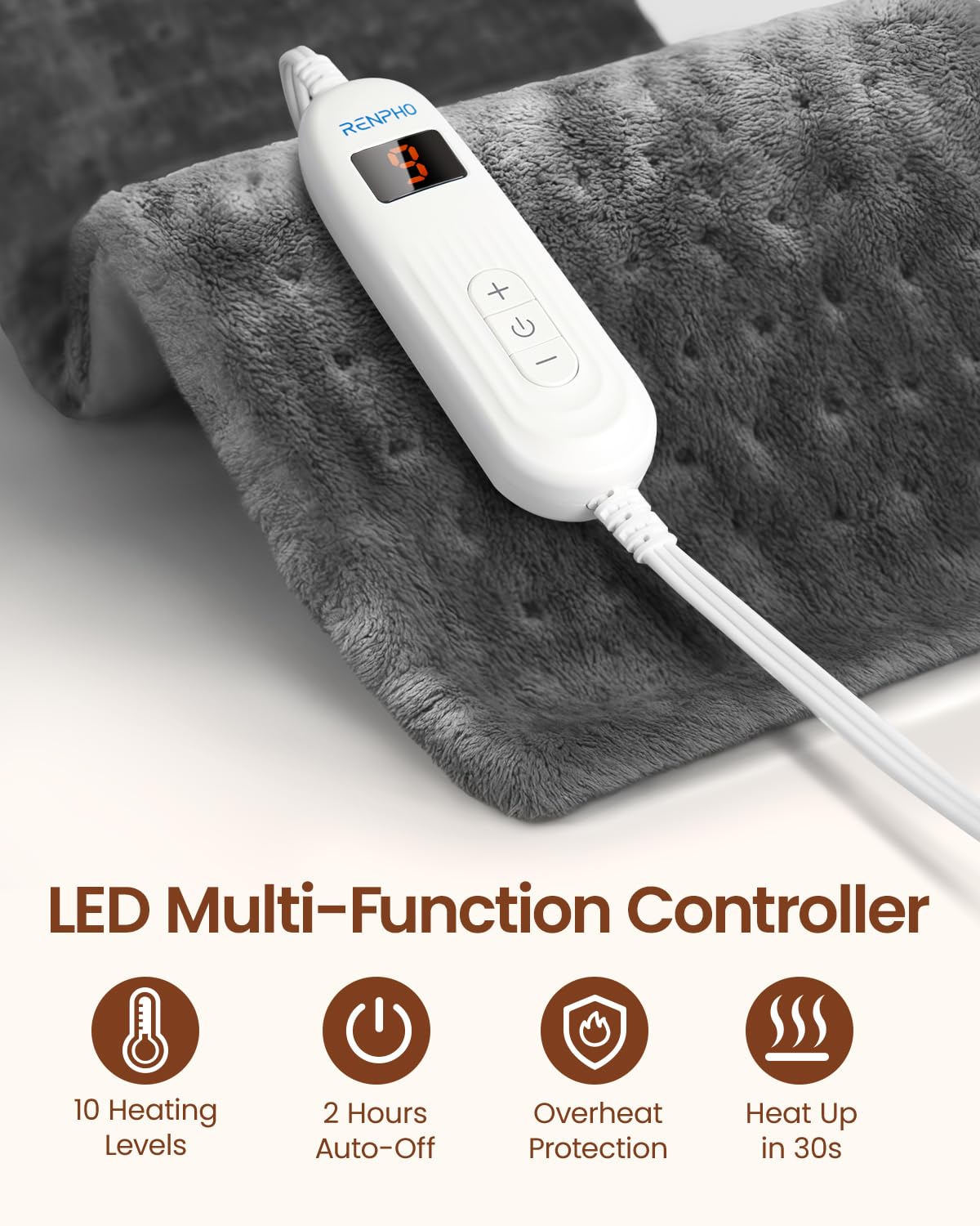 Soft flannel textured material close up of the RENPHO electric heat pad for back pain