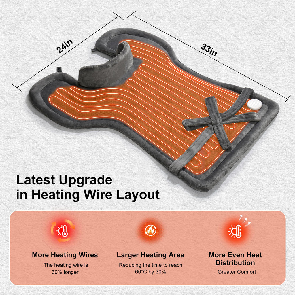 WUGE electric heat therapy wrap draped on shoulders illustrating snap fasteners