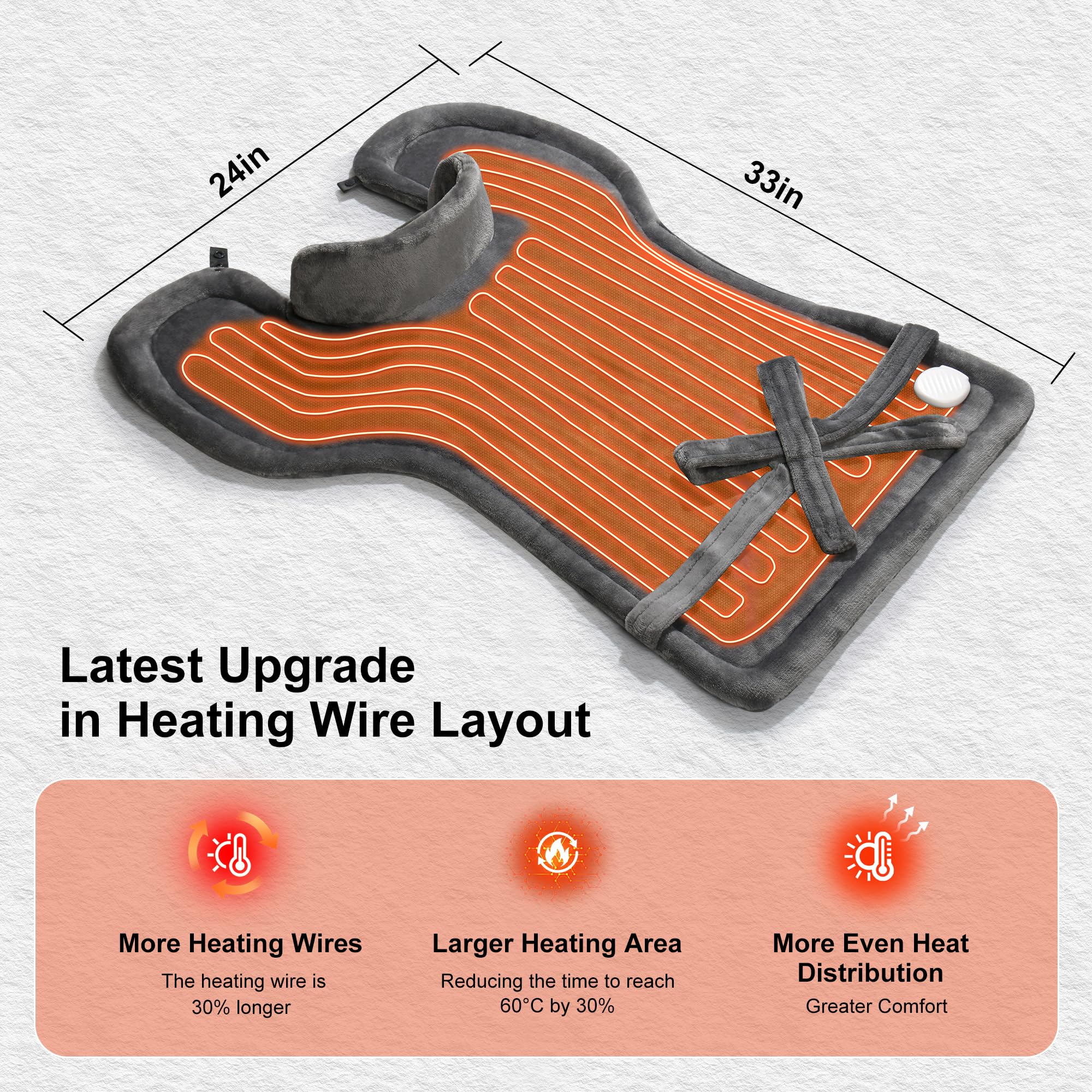 WUGE electric heat therapy wrap draped on shoulders illustrating snap fasteners