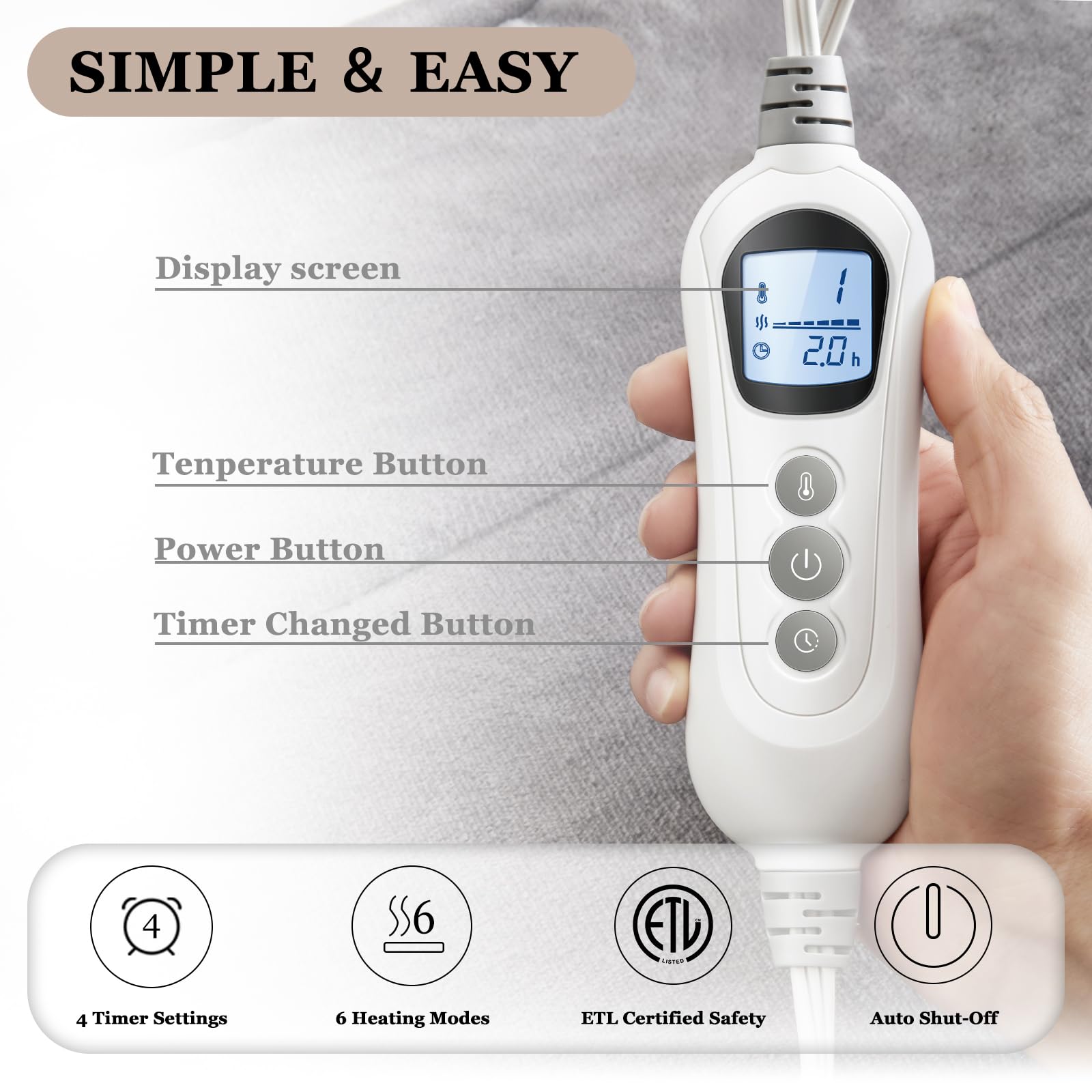 WUGE wearable electric thermal pad showing digital remote controller with six settings