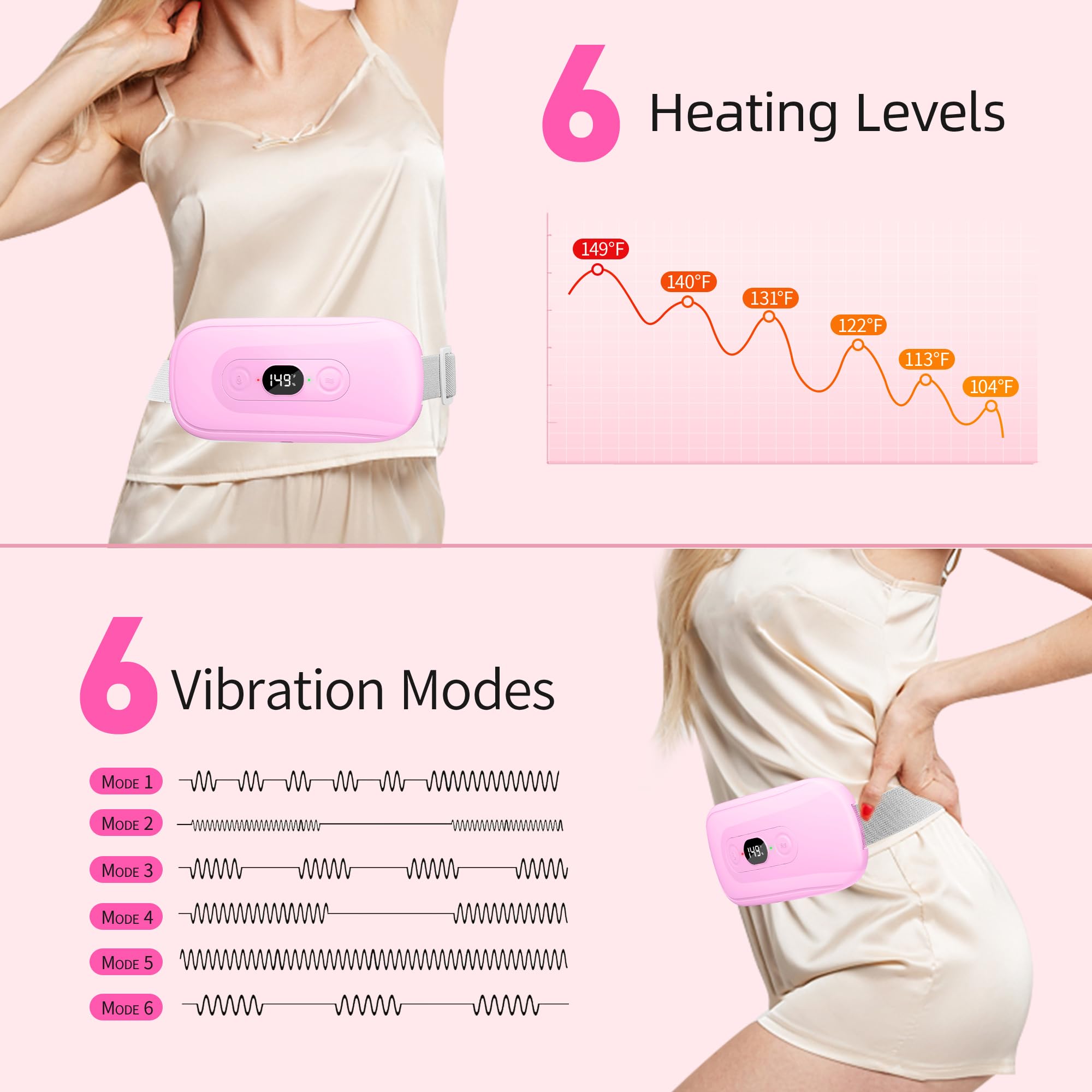 Cordless electric heat pad for period cramps showcasing the adjustable fifty-seven inch elastic waistband