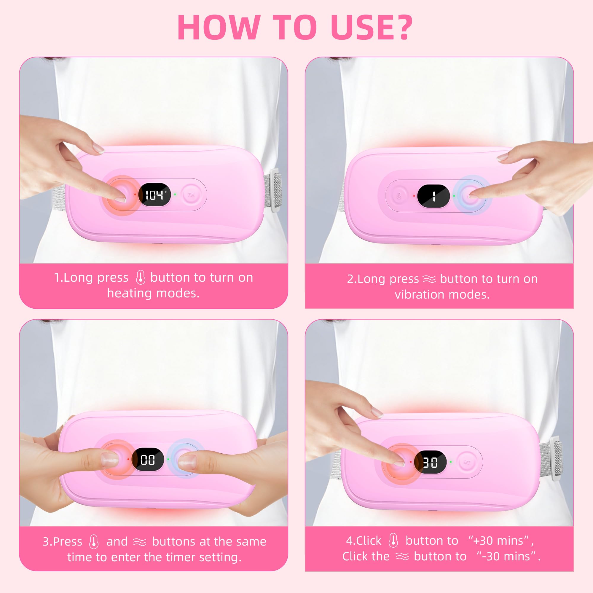 Rechargeable abdominal heating belt displaying the ultra-soft pink velvet fabric backing for skin comfort