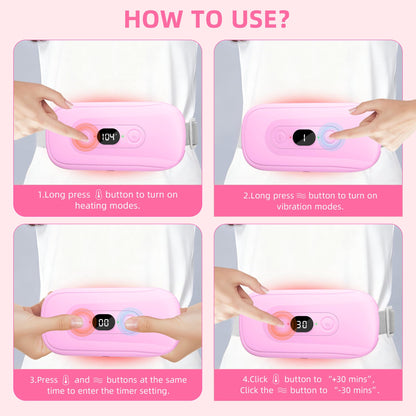 Rechargeable abdominal heating belt displaying the ultra-soft pink velvet fabric backing for skin comfort