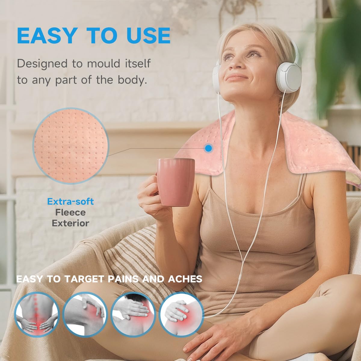 GOTCOZY heating pad applied to back area demonstrating large coverage