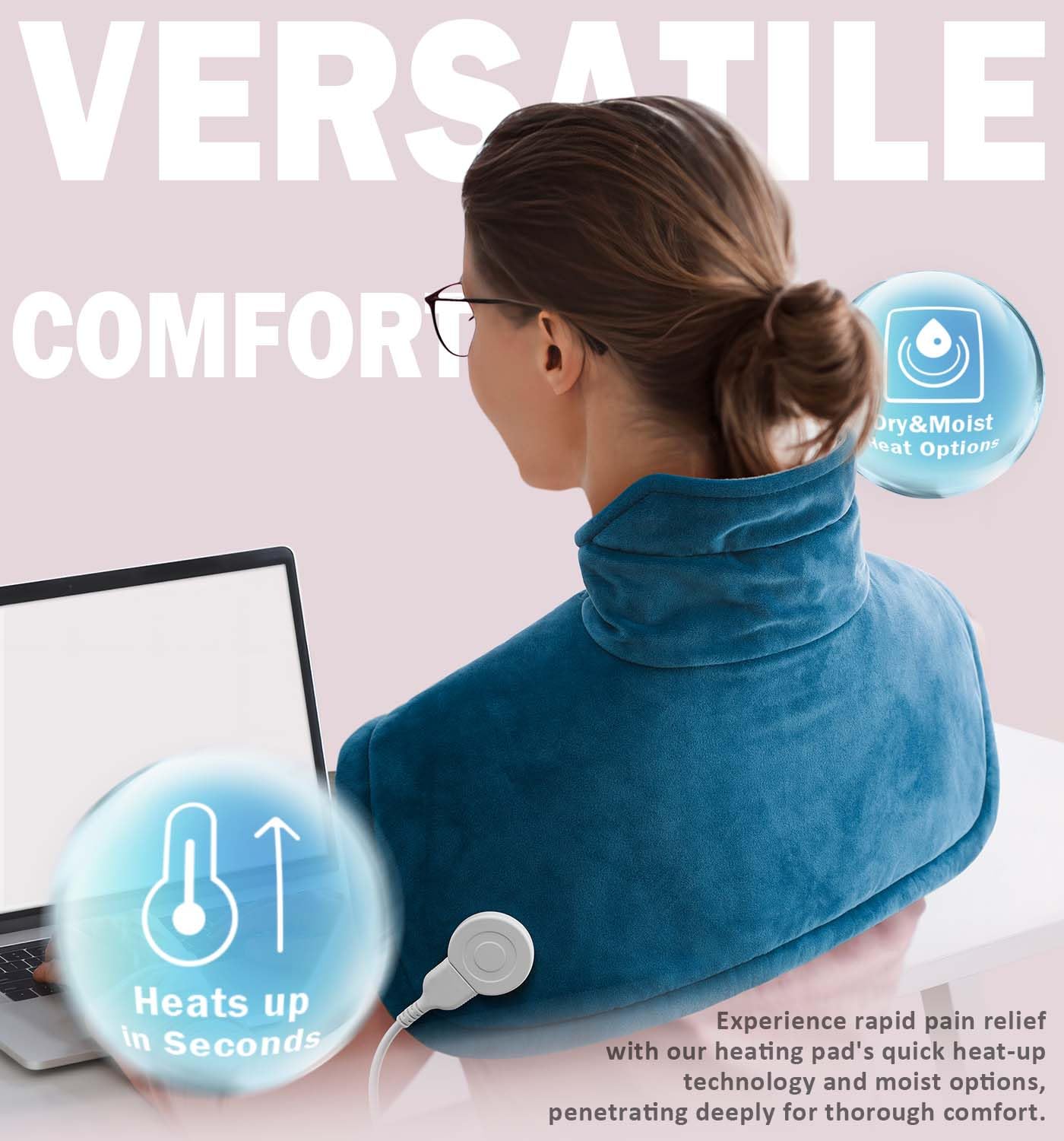 Ergonomic neck pain relief pad being worn by a person sitting at a home office desk