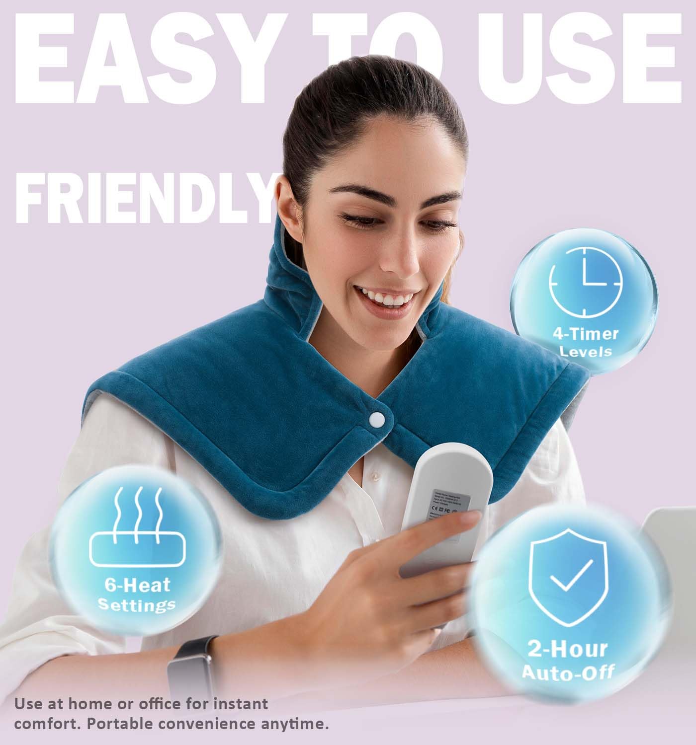 Two pound weighted shoulder heating pad illustrating the contouring fit and adjustable straps