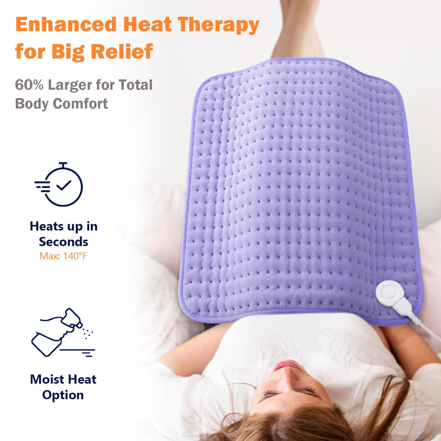 Extra large electric heat therapy mat draped across a person's upper back and shoulders for pain relief.