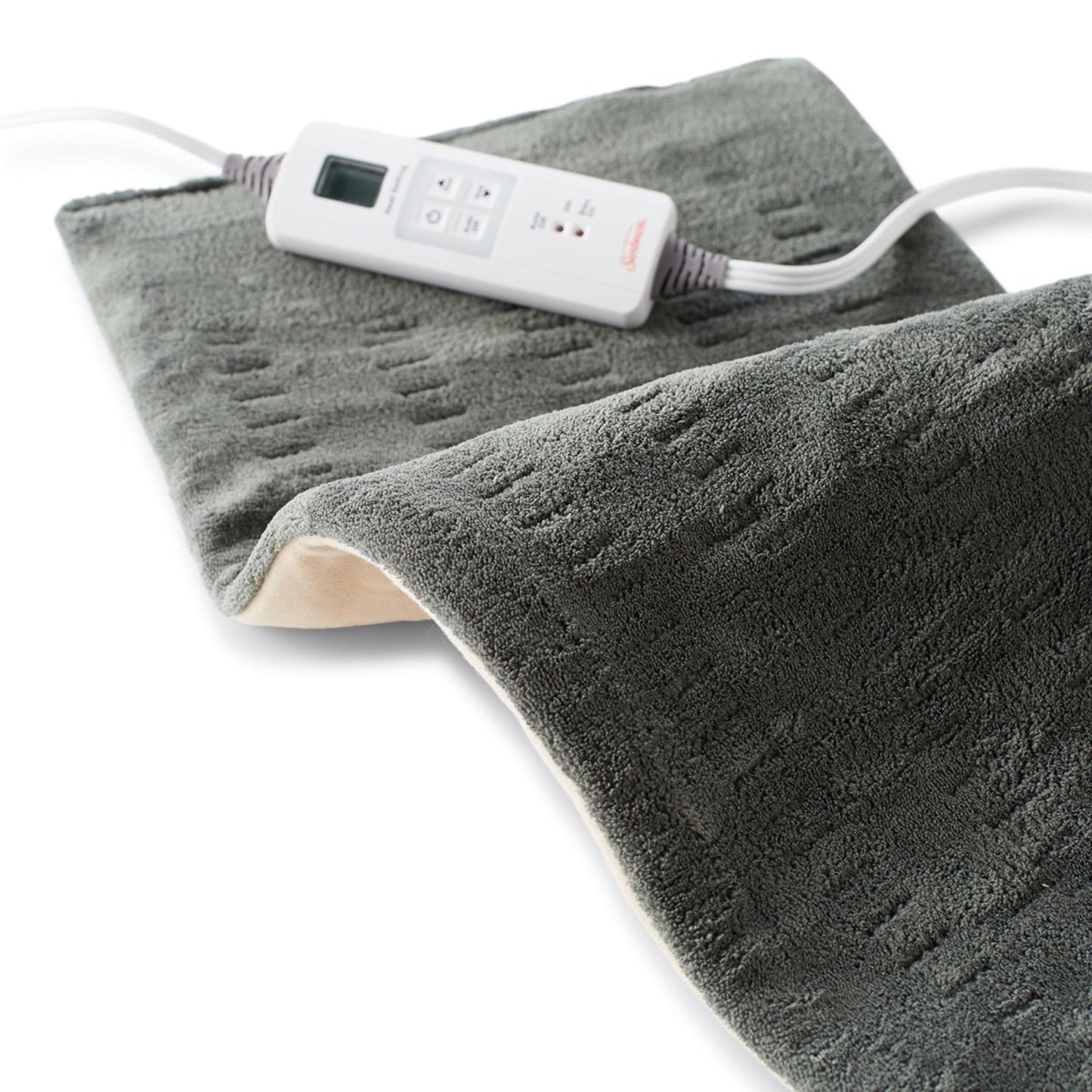 Sunbeam extra large orthopedic heat therapy pad with digital LED controller attached.