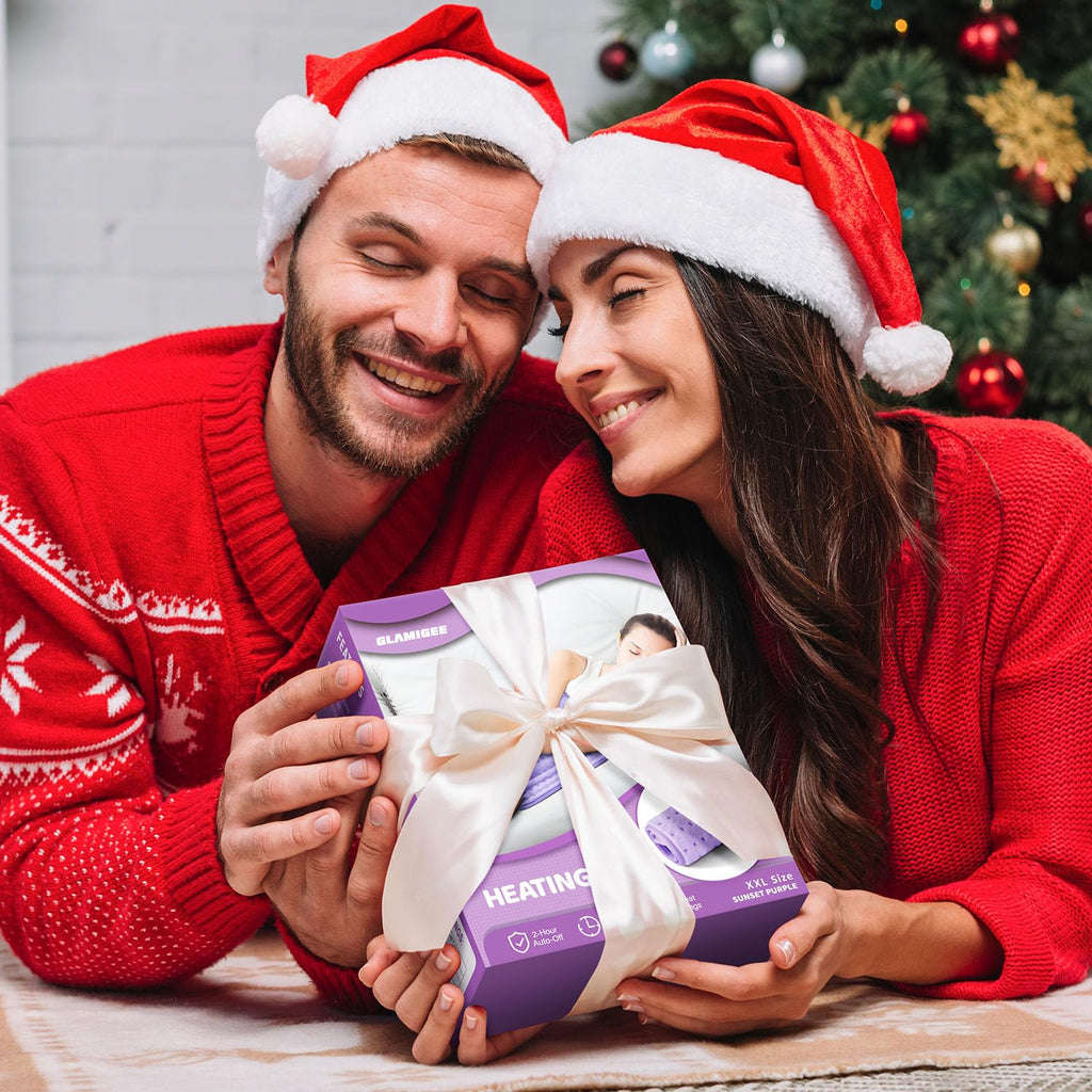 Glamigee electric heating pad packaged beautifully as a wellness gift for family and loved ones.