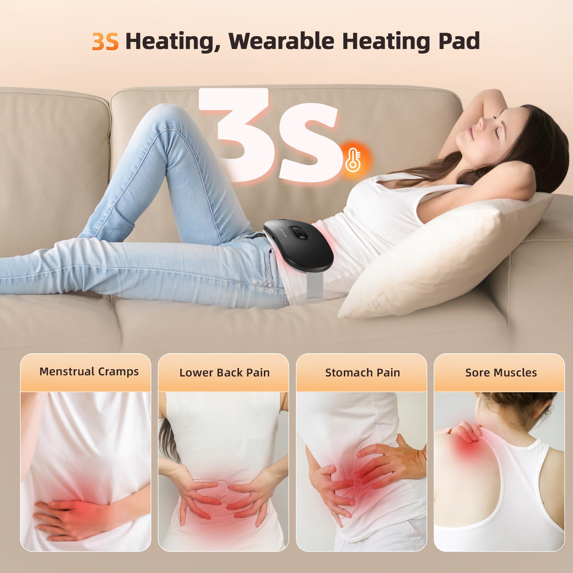 Cosyglow menstrual electric heating pad showing the adjustable elastic waistband for period cramp relief.