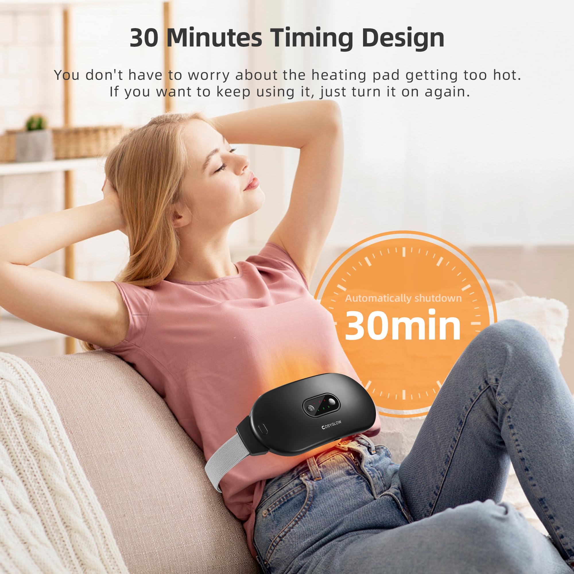 Cosyglow heating belt displaying the digital control interface for heat and vibration massage modes.