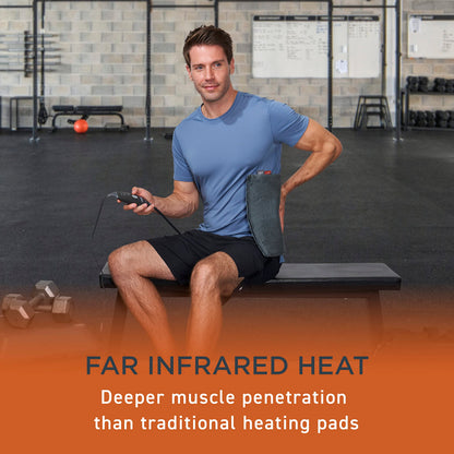Pure Enrichment deep penetrating infrared heating pad showing the extra long dimensions for back coverage.
