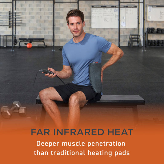 Pure Enrichment deep penetrating infrared heating pad showing the extra long dimensions for back coverage.