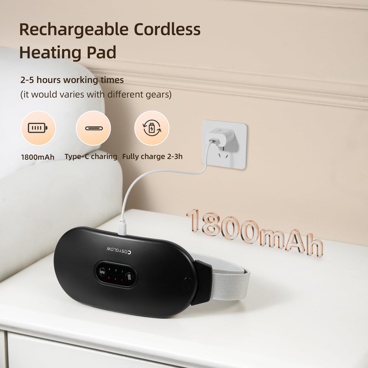 Cosyglow cordless electric pad demonstrating application on the lower back for muscle pain relief.