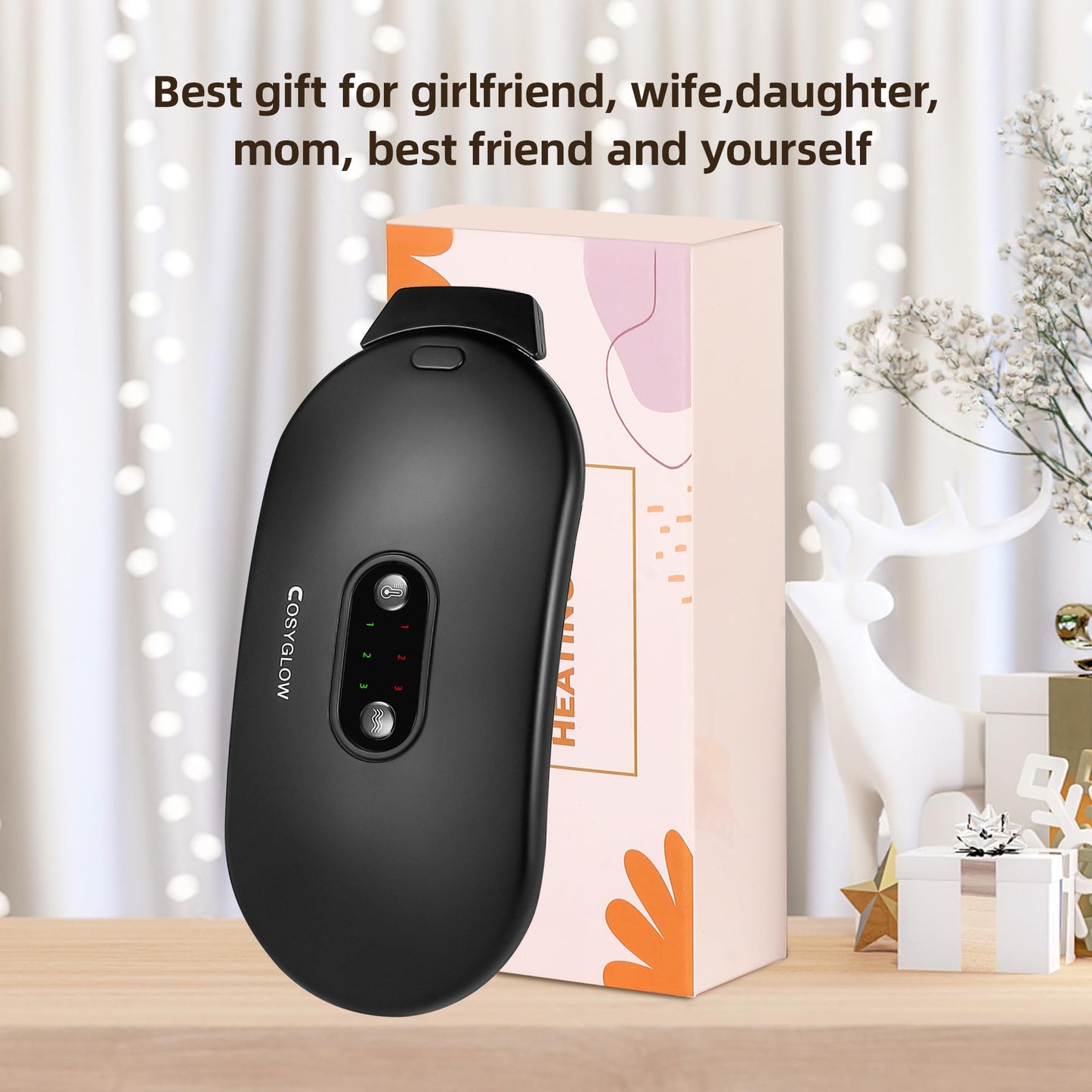 Cosyglow imported menstrual heating belt packaging contents including the USB cable and user manual.