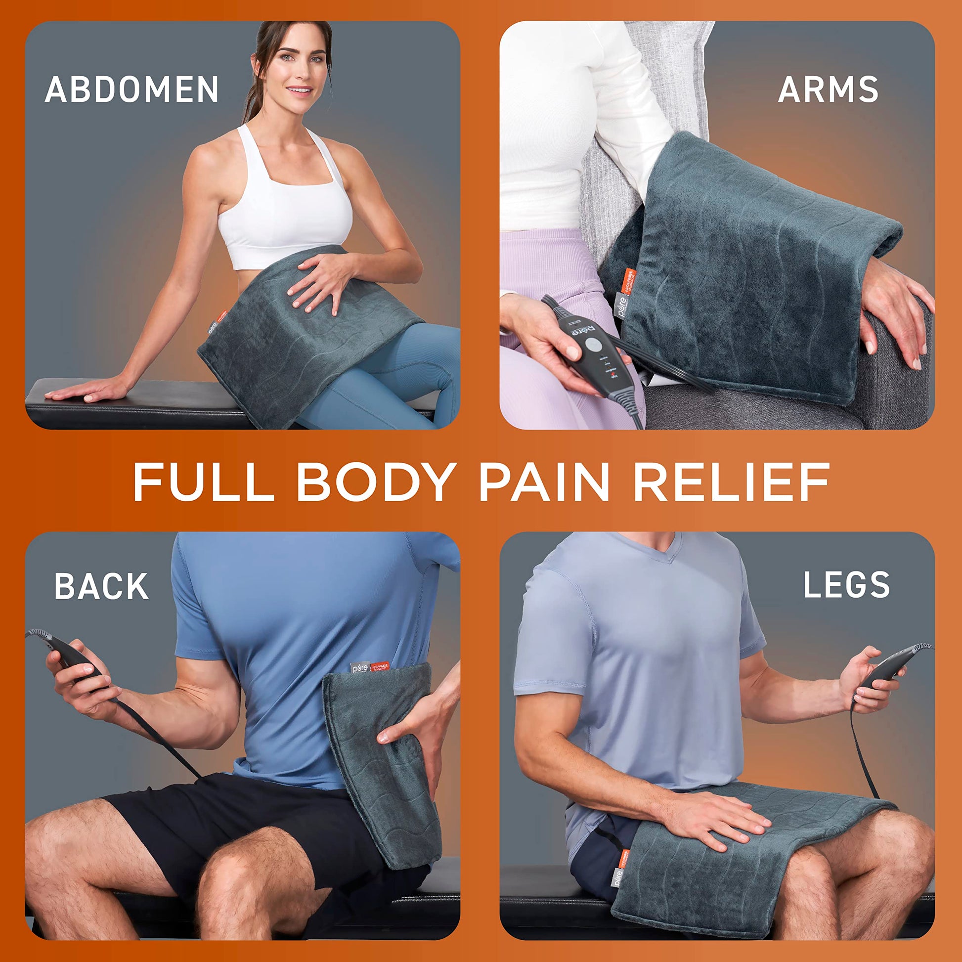 Pure Enrichment XL heating pad applied to the shoulder area for targeted athletic muscle recovery.