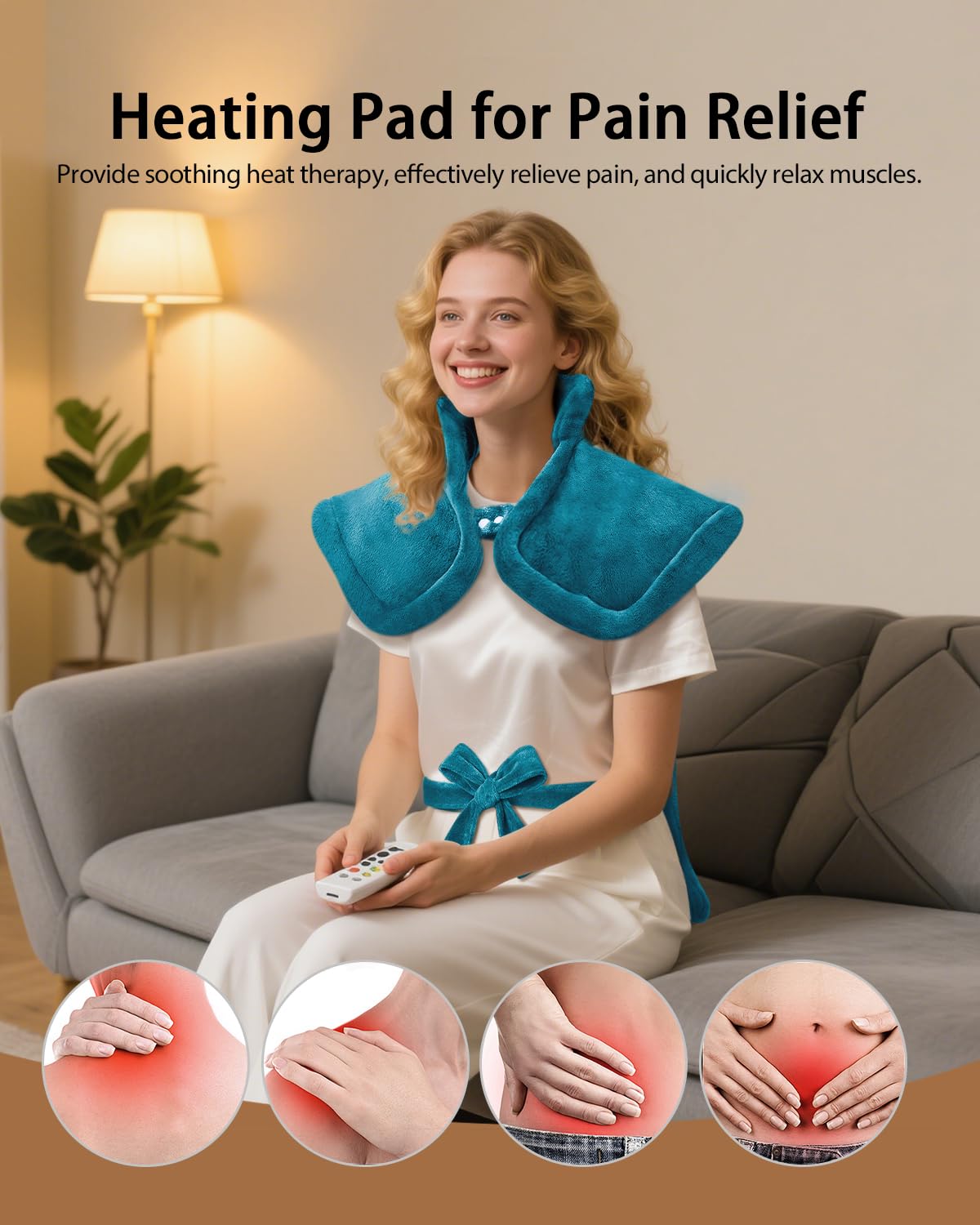 LANVA wearable heated body wrap highlighting the smart controller with six heat levels