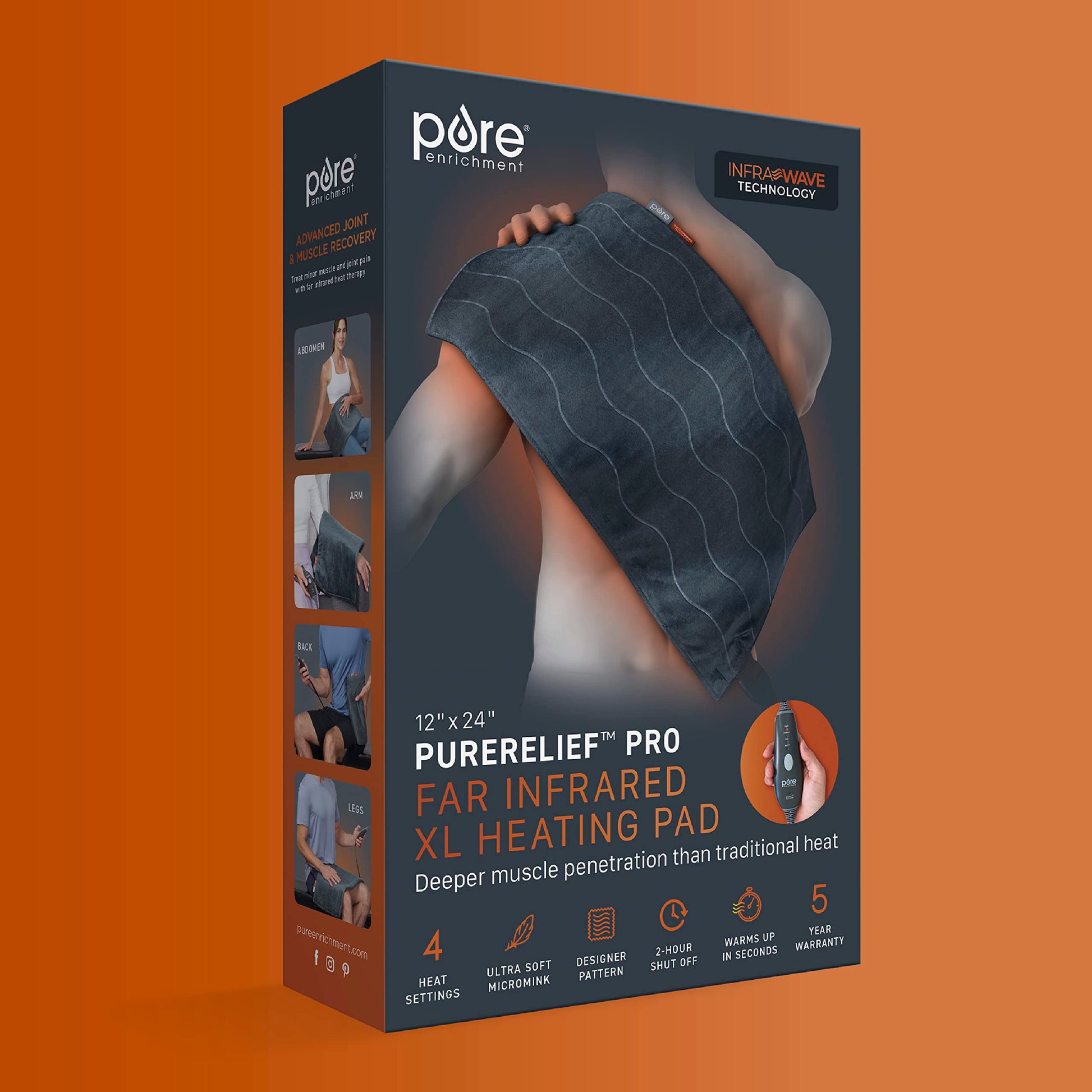 Pure Enrichment far infrared pad highlighting the two hour automatic shut off safety feature packaging.