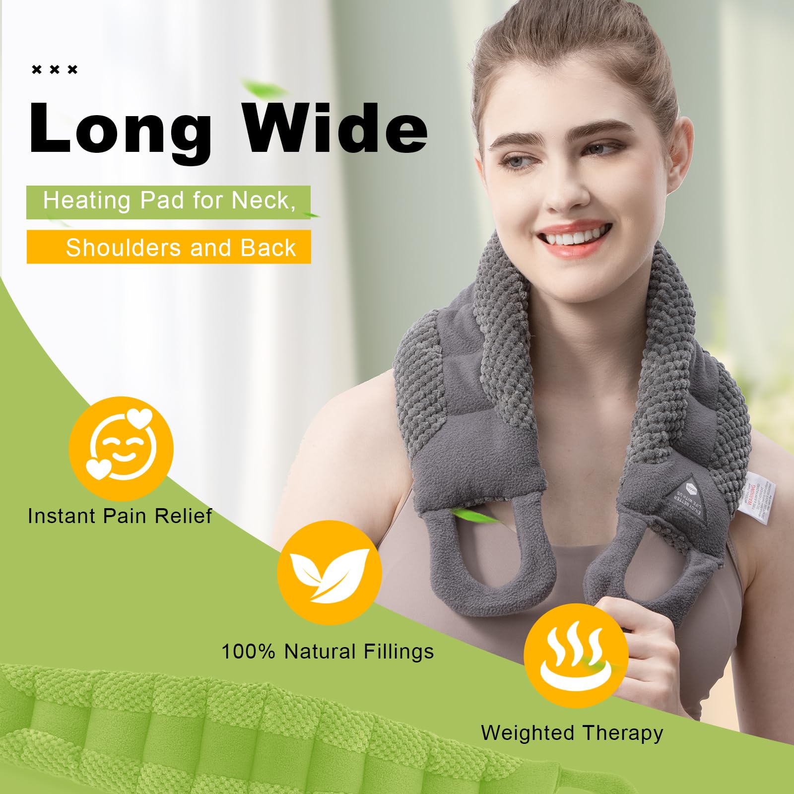 UNCN weighted hot compress neck wrap layout showcasing the two handles