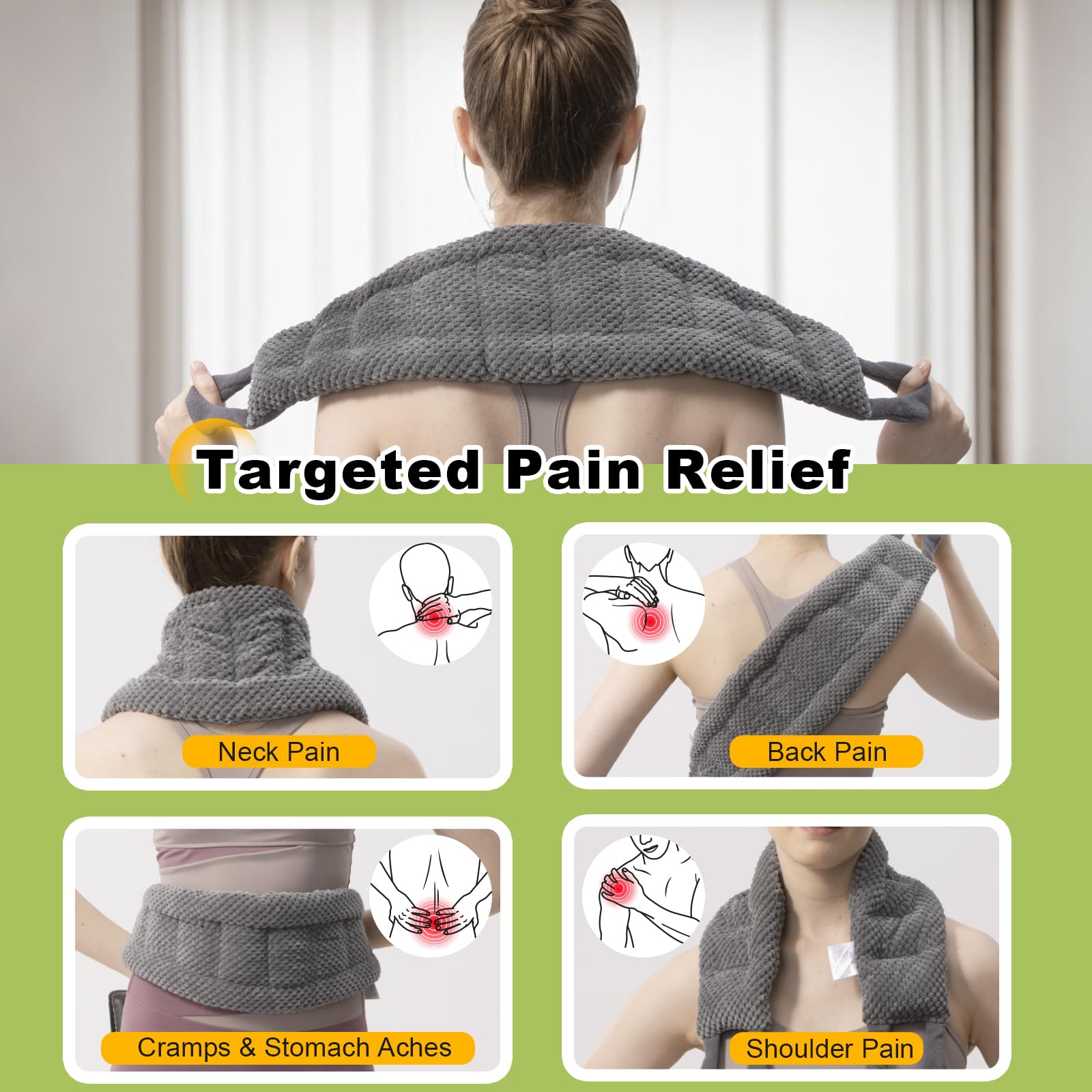UNCN flexible moist heat pack contouring across the shoulder area