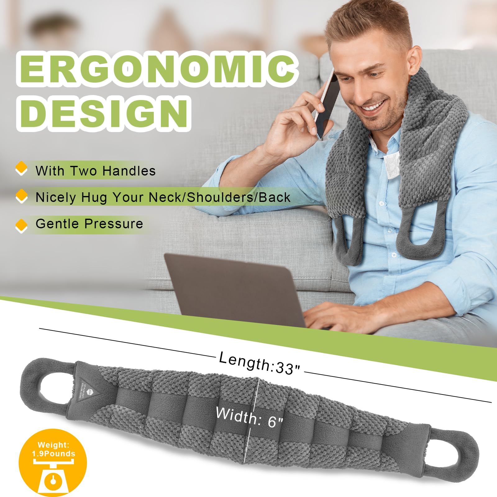 UNCN natural flaxseed filled heating pad showing its extra long dimensions