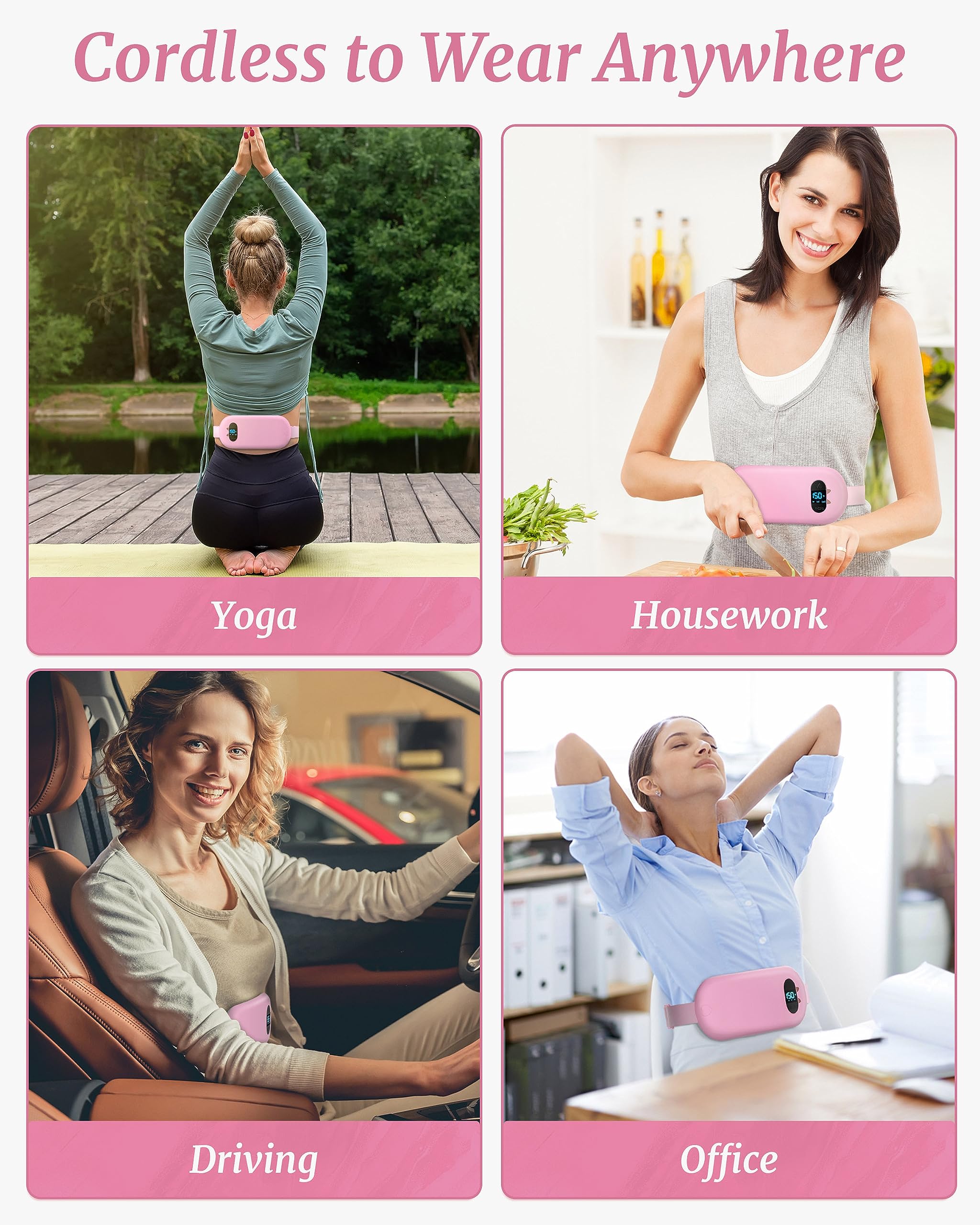 BouZaFoFa menstrual heat pad showing the adjustable elastic stretchable waist strap buckle