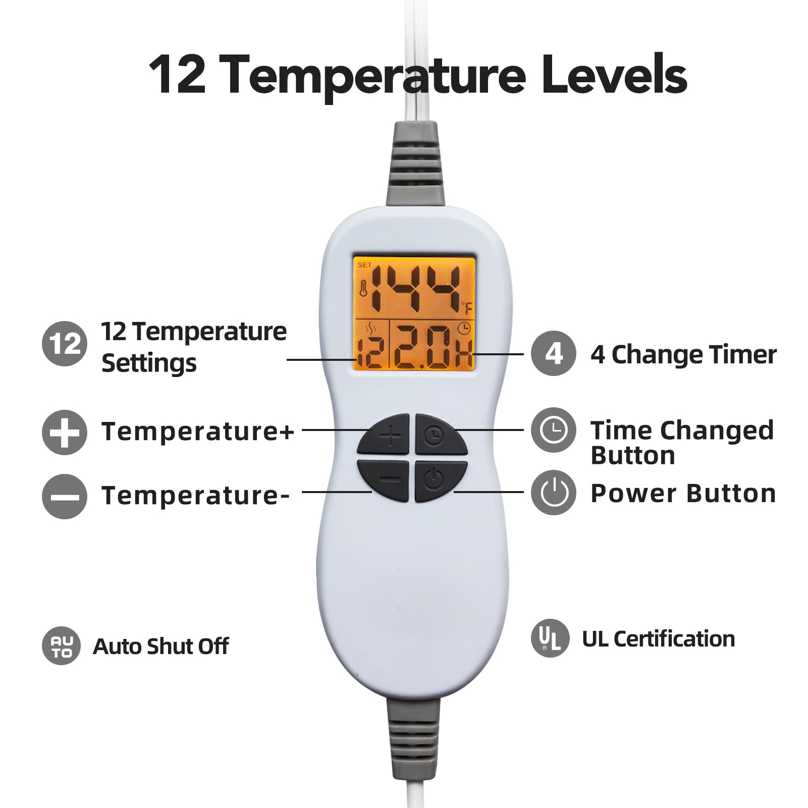 Close up view of the smart LED controller for the Ambershine upper back heating pad showing temperature settings.
