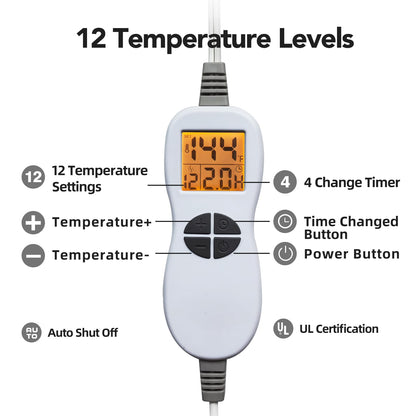 Close up view of the smart LED controller for the Ambershine upper back heating pad showing temperature settings.