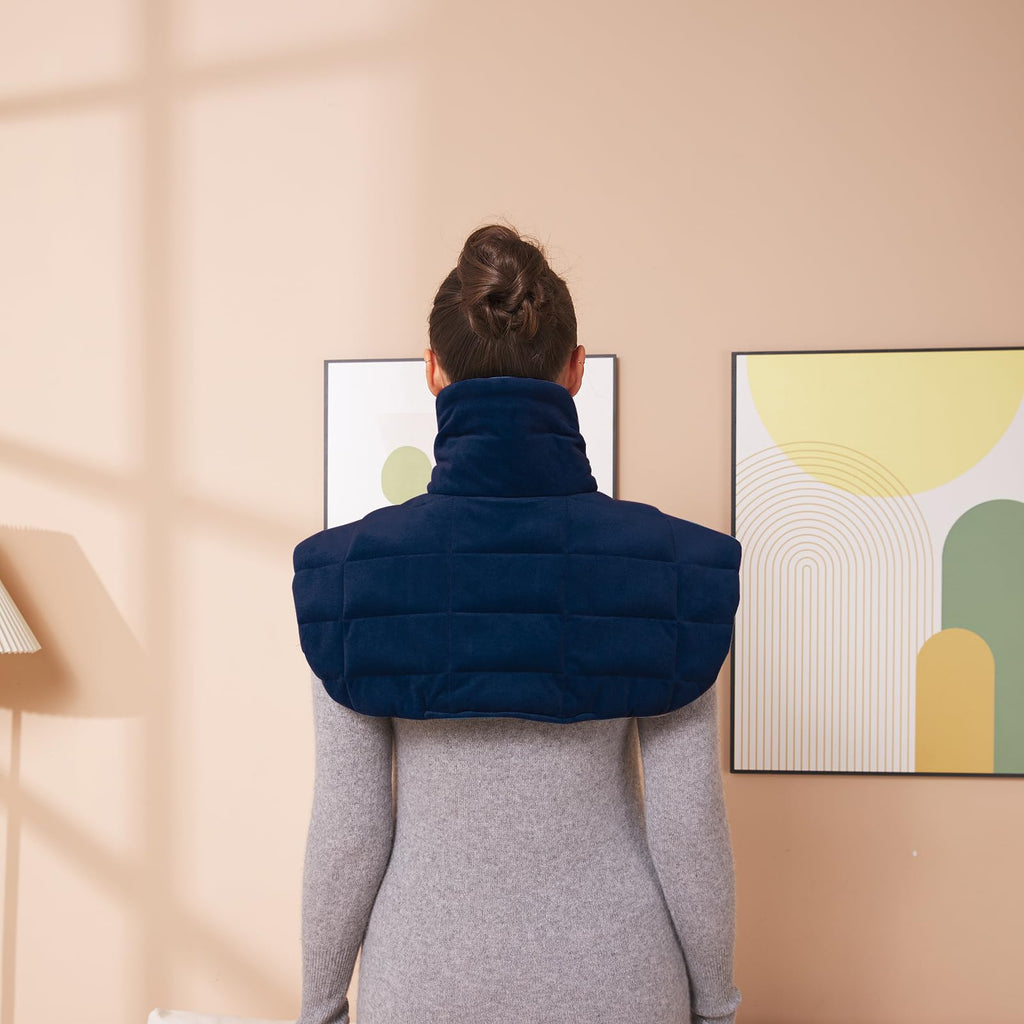 Soft microfiber material texture of the Ambershine navy blue weighted wrap designed for chronic pain management.